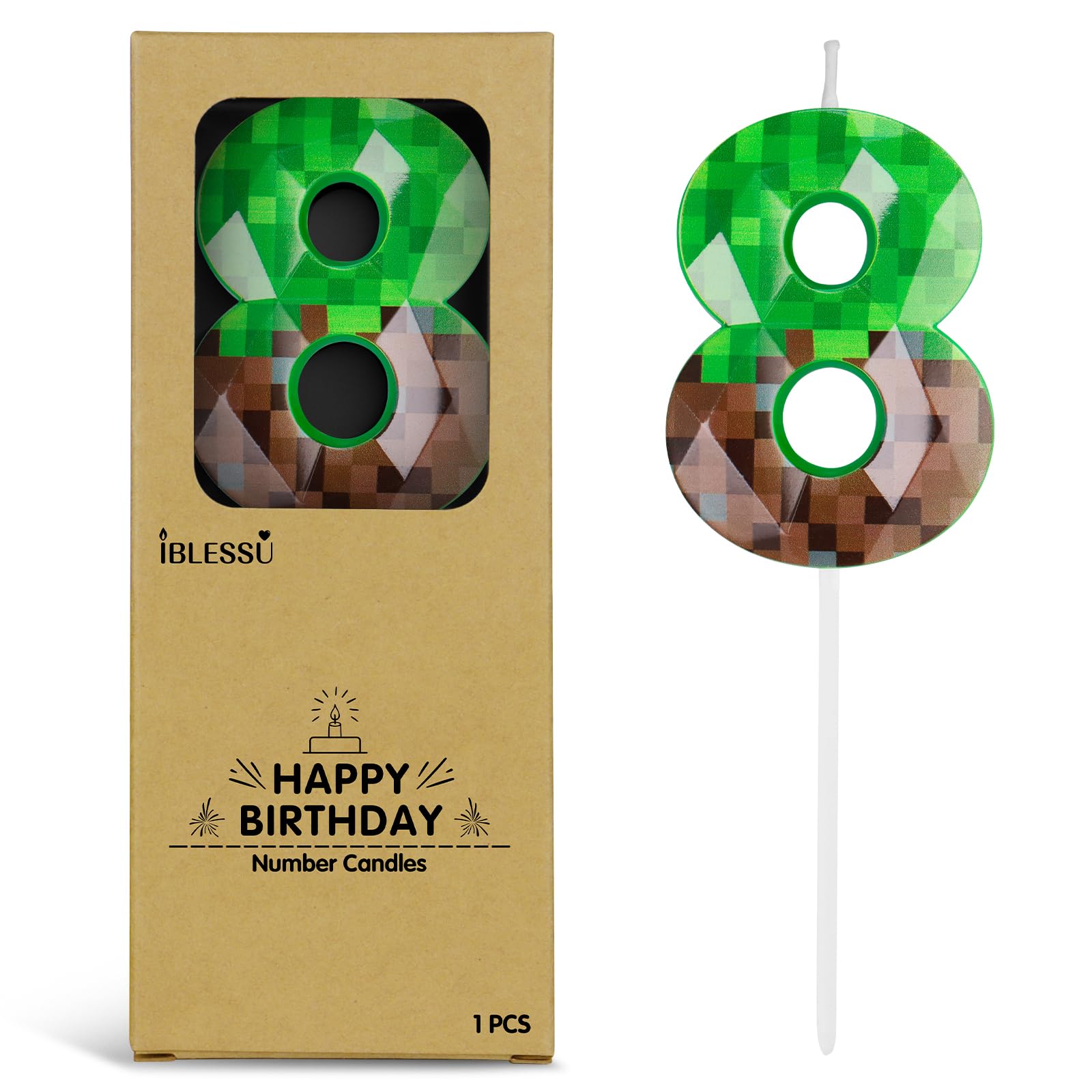 Pixel Birthday Candle, 2.68 Inch Miner Number Candles, Game Themed Candle Birthday Decoration for Pixel Theme Birthday Anniversary Dynamite Video Game Party (Green, 8)