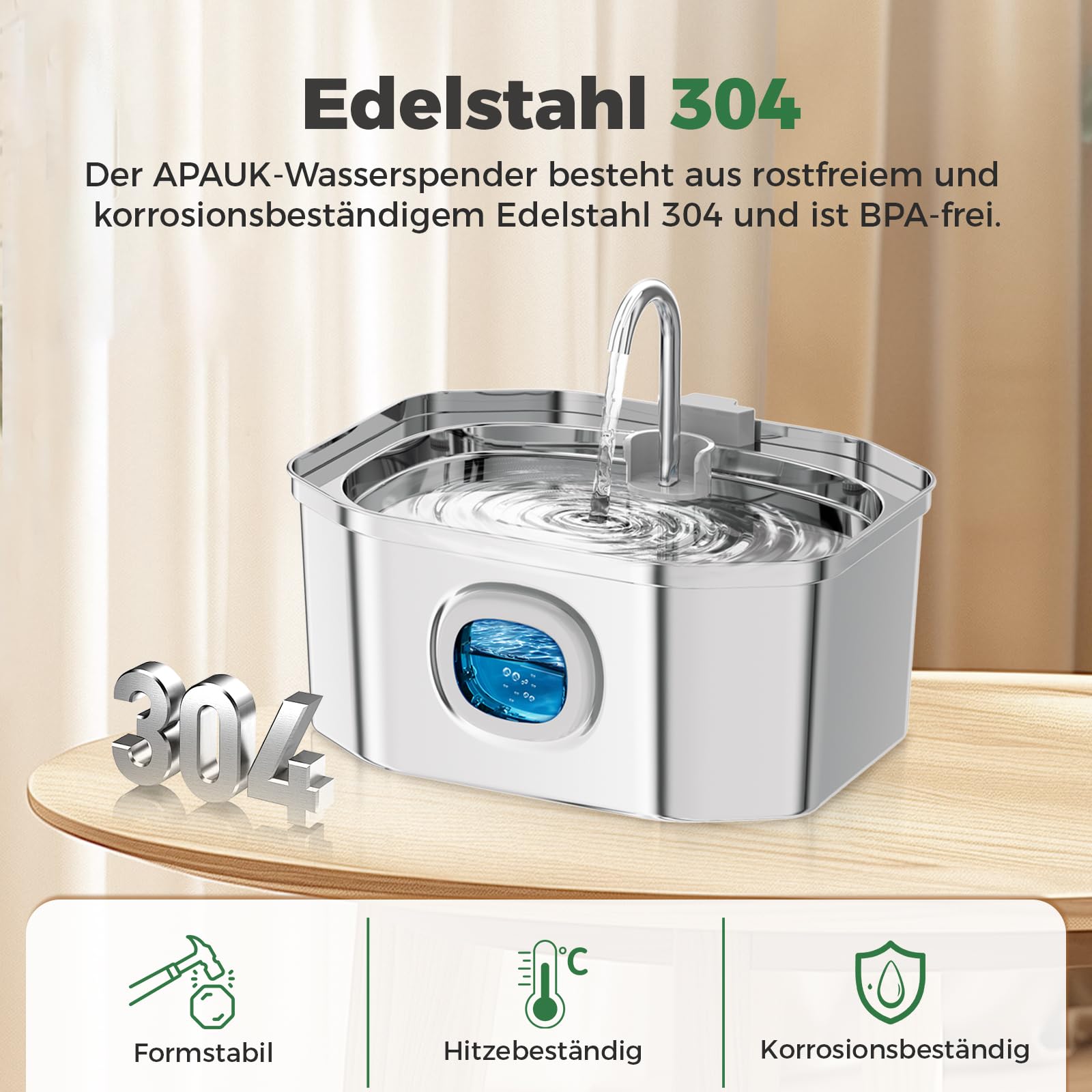 Apauk Katzenbrunnen, Trinkbrunnen für Katze, Trinkbrunnen Edelstahl, Ultraleiser Trinkbrunnen für Katze und kleine Hunde,mit LED-Fenster, S -3.2L Große Kapazität (A-2 Filter & 2 Schwämme)