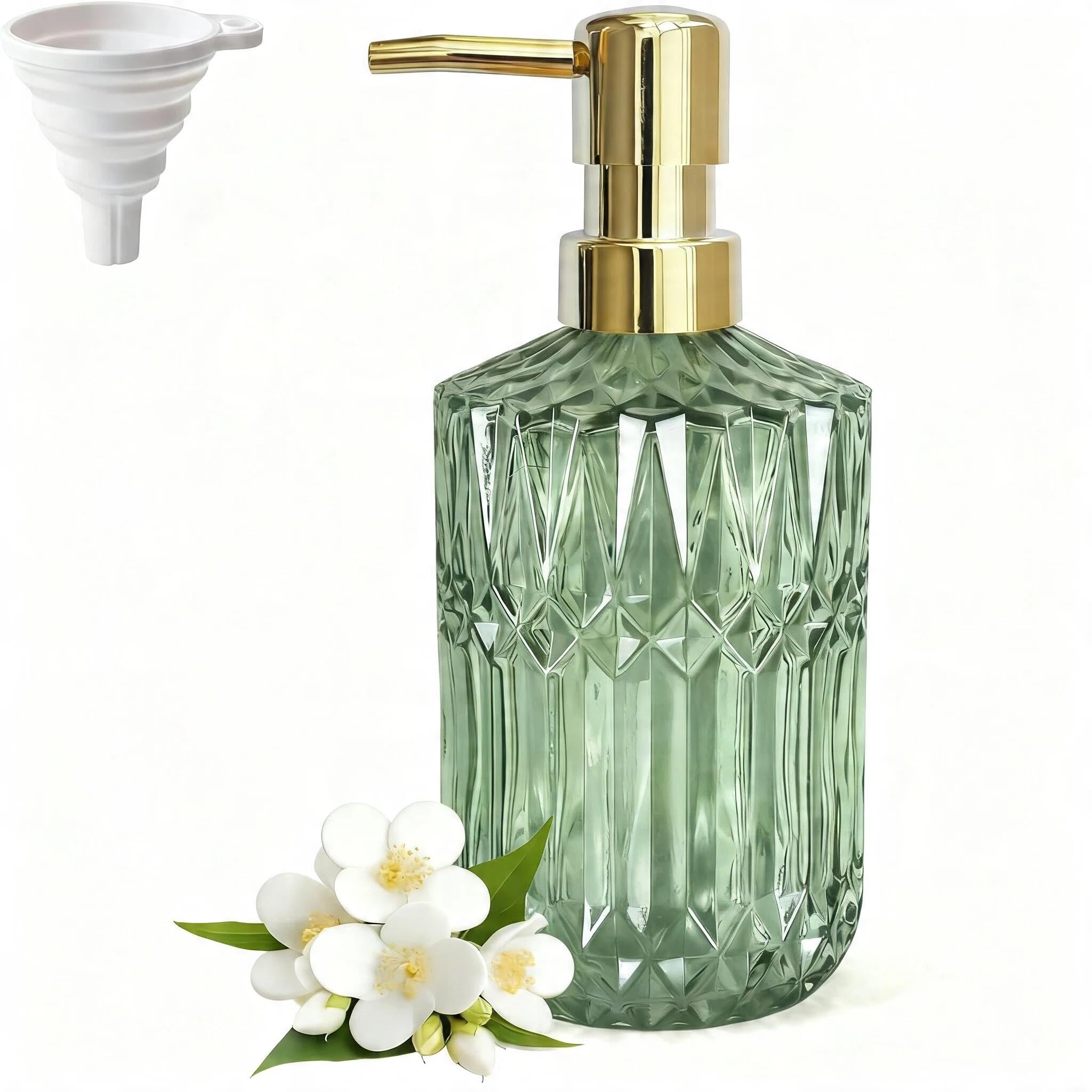 LaMarriti Green Glass Soap Dispenser with Gold Rust Proof Pump, Refillable Clear Glass Kitchen Soap Dispenser, Lotion Dispenser Bathroom for Hands Soap, Dish Soap, Body Wash (Green)