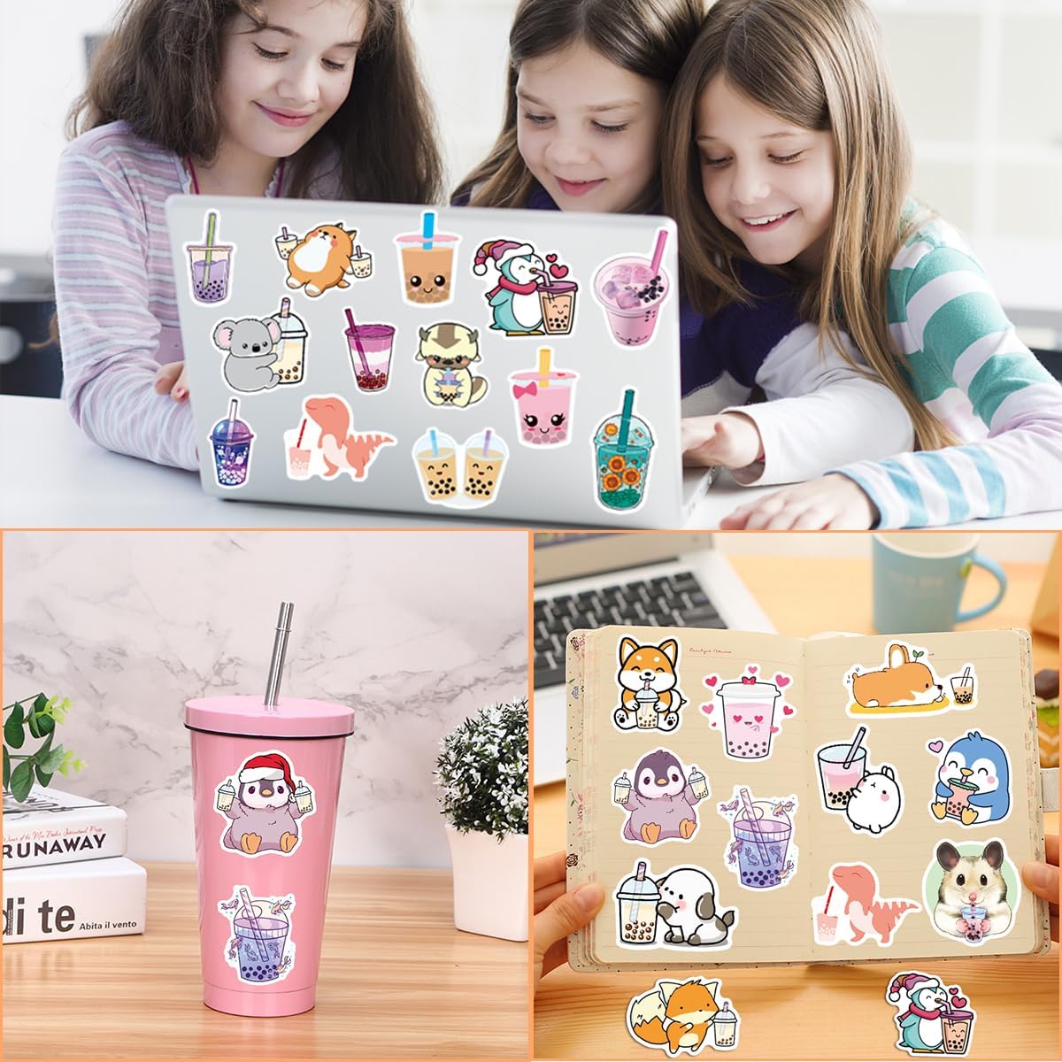 Milk Tea Stickers 105PCS Kawaii Bubble Tea Stickers, Vinyl Cutec Gifts,Asthetic Water Bottle Sticker Pack for Teens Girls Kids
