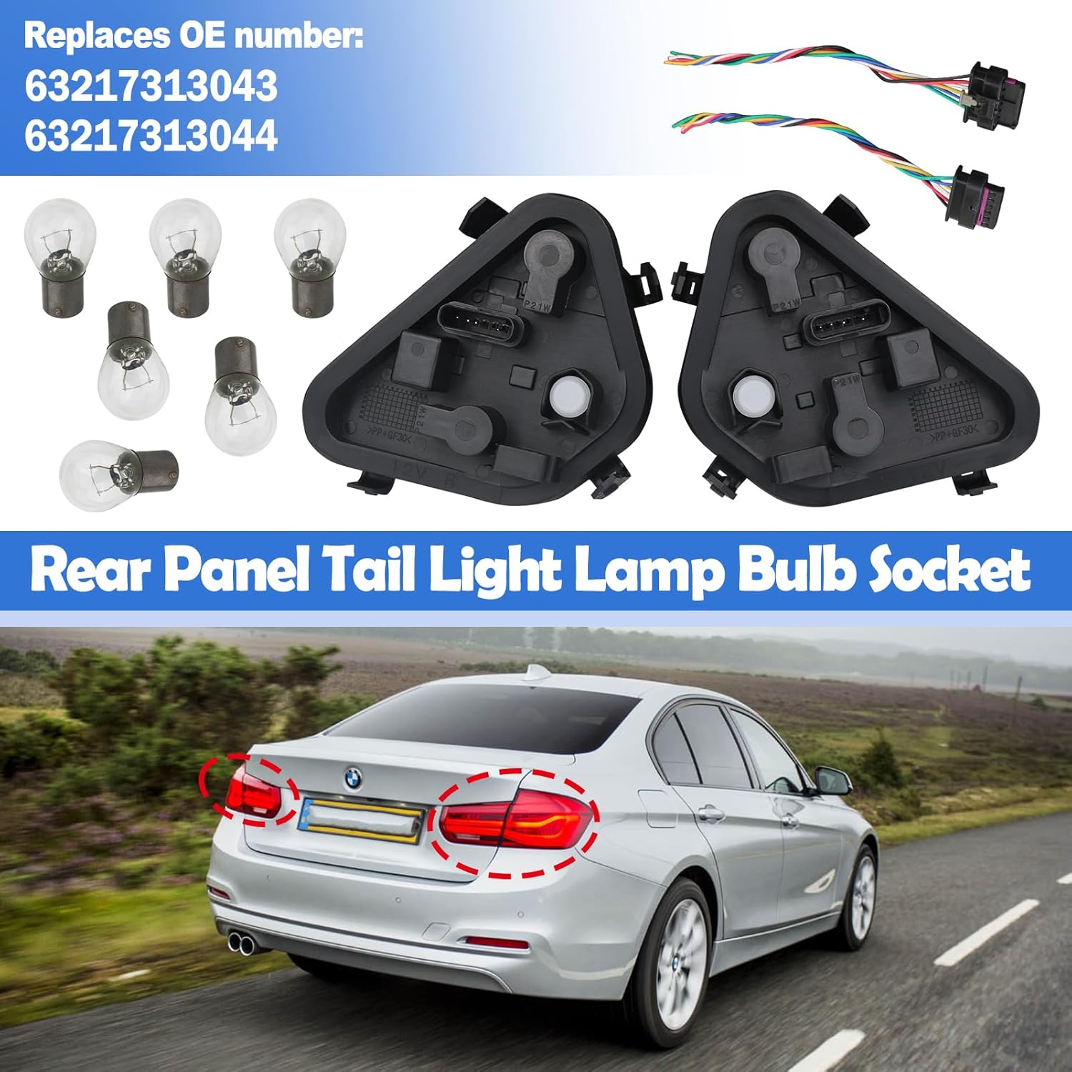 1Pair Tail Lights Bulb Socket Panel & Plug Connector Harness & Six Bulbs for 2012-2015 BMW 3 Series 320i 328i 328d 335i Replaces 63217313043 63217313044 Rear Light Lamp Repair Board Kit