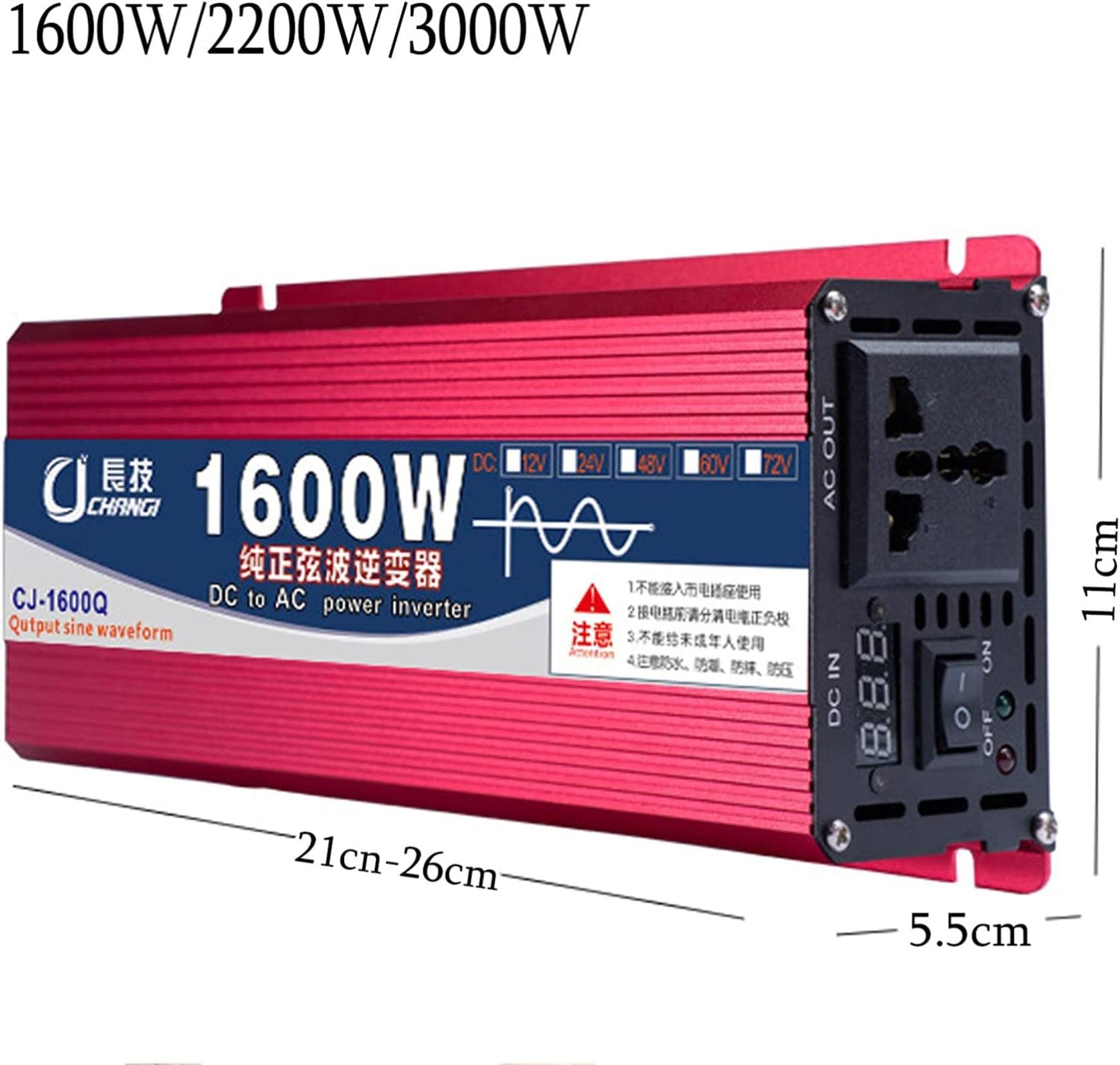 AMNOOL Inverter a Onda Sinusoidale Pura1600w 2200w 3000w, Convertitore di Tensione CC 12v/24v/48v/60v a Ca 110v 220v con Display Digitale E Prese, per TV, Frigorifero,1600W-12Vto110V