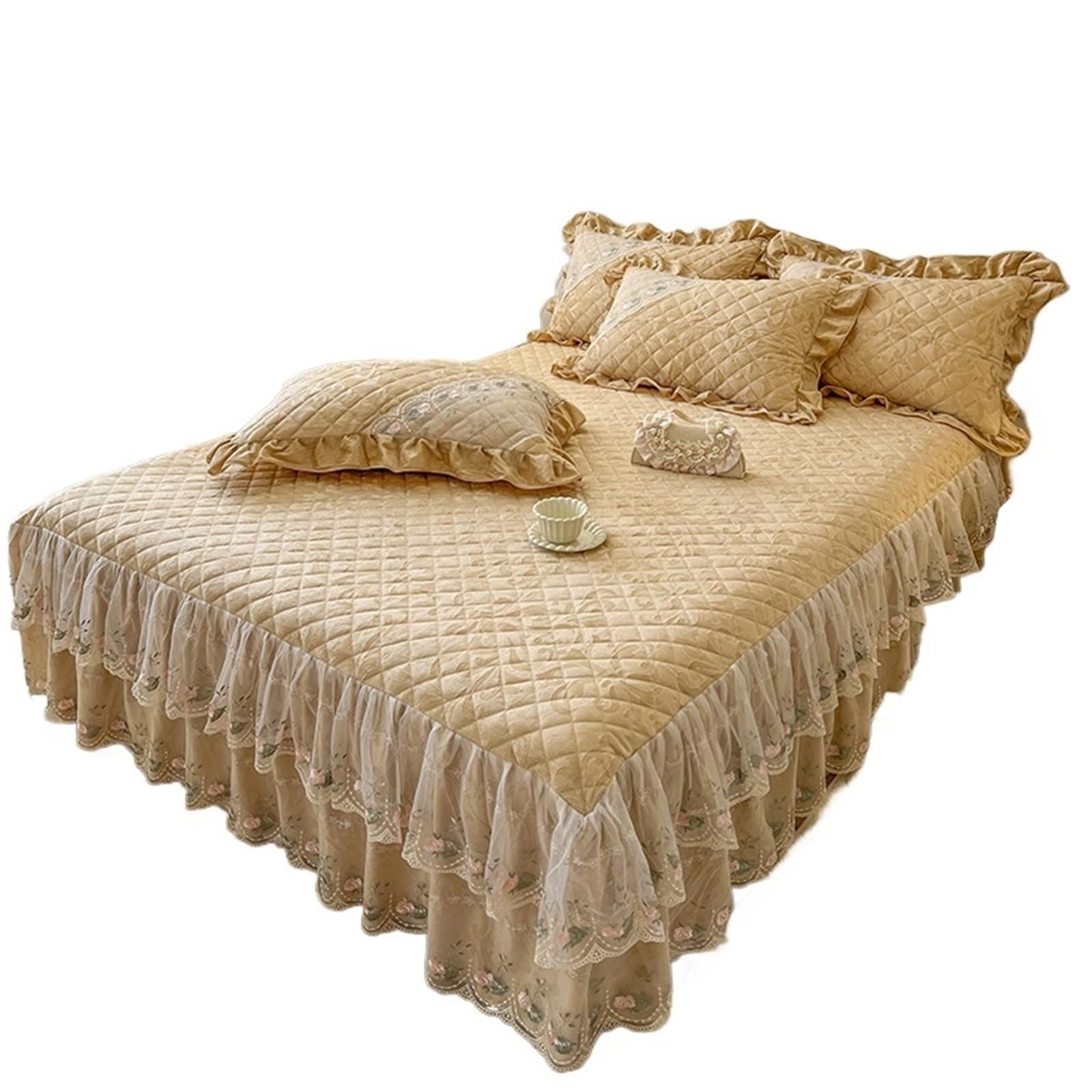 Gold Yellow, Beige, Pink, Jacquard Velvet Lace Ruffles Bedspread, Quilted Embroidery Bed Skirt, Mattress Cover(Khaki,180X200cm 3pcs)
