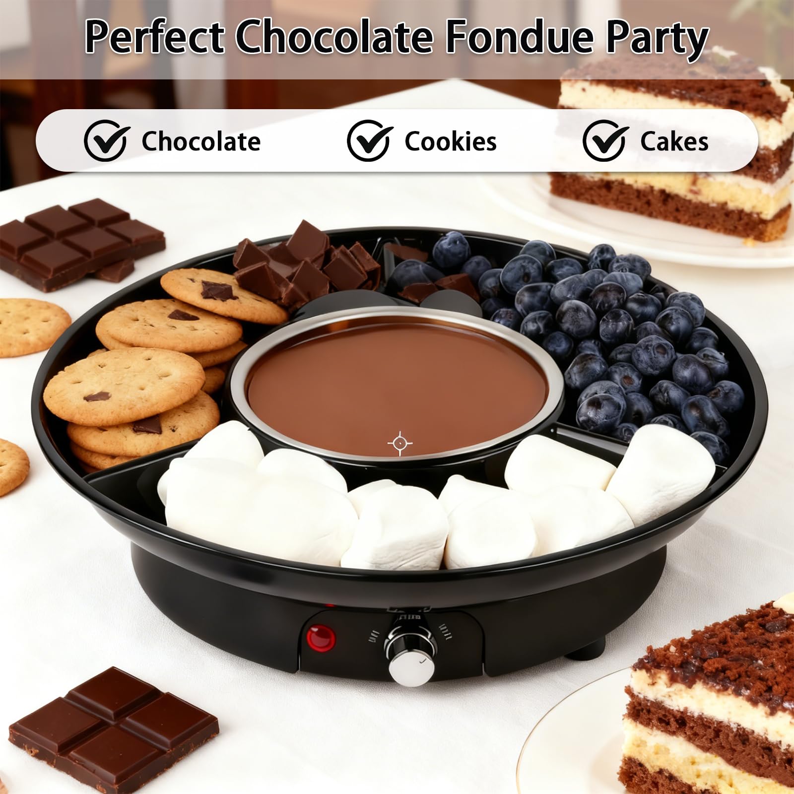Elektrisches Schokoladen Fondue Set, 280ml Schokoladen Pot mit 2 Temperaturstufen, abnehmbarem Aluminiumtopf, Servierschale & 4 Gabeln, Perfekt für romantische Abende