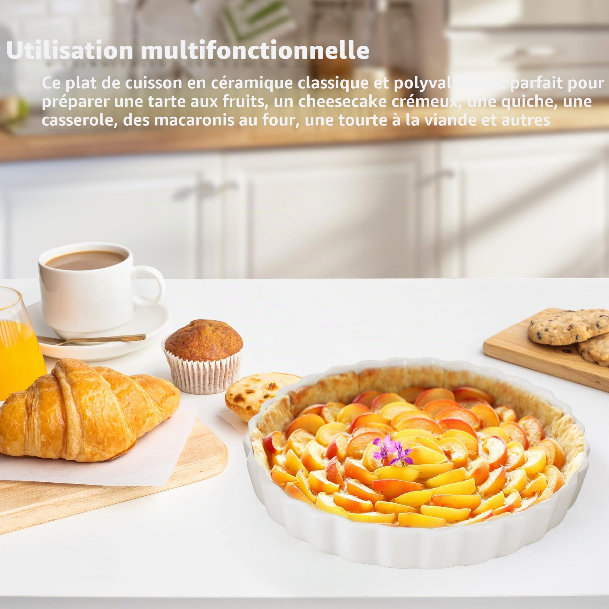 Plat à quiche en céramique pour le four, 22 cm, moule à tarte pour la cuisson de tarte rond anti-adhésif blanc,