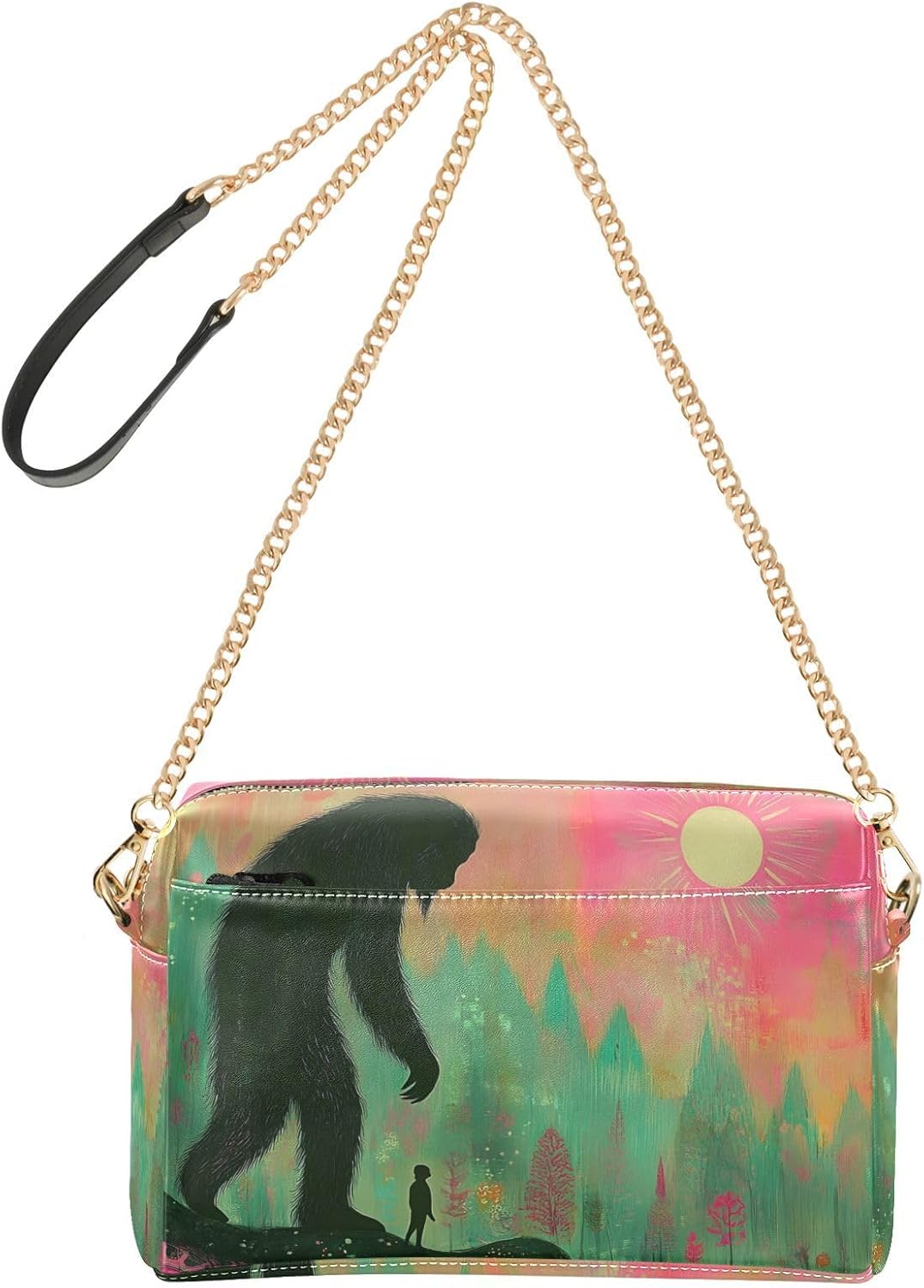 Women Crossbody Bag Shoulder Handbag Cellphone Purse PU Leather Metal Chain Strap Water Resistant Zipper Closure Art Silhouette Sasquatch Print
