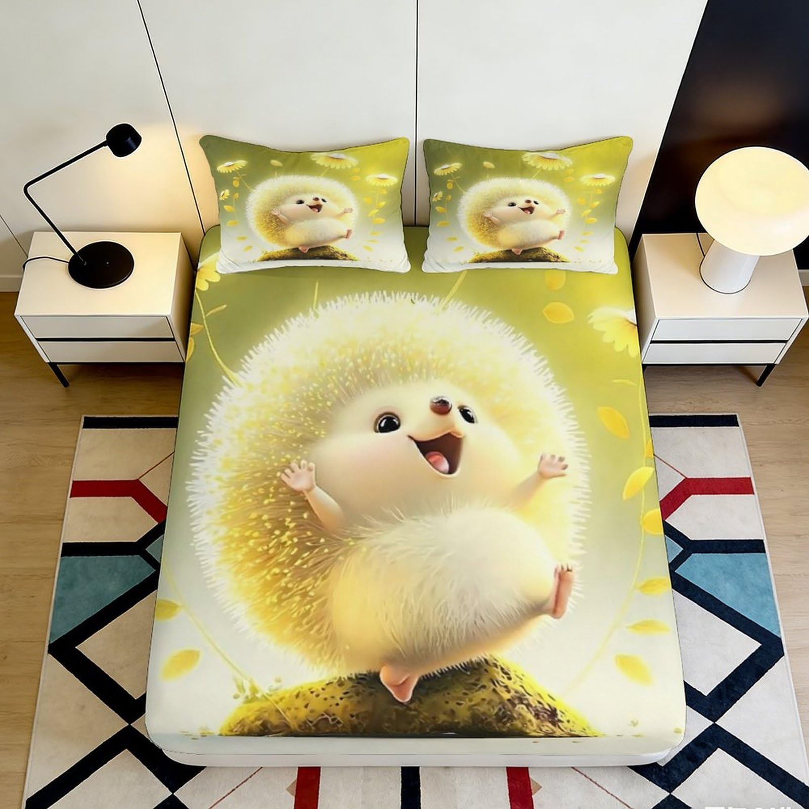 Decorative Hedgehog Fitted Sheet 3D Printed Soft Touch Microfiber Bed Sheet, Apartment Bedding, Anti-slip, Machine Washable, Bedroom Decor, Guest Room Use 90x200x25cm