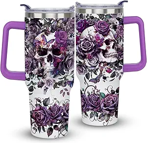 40oz Skull Goth Tumbler with Handle Gifts for Women Halloween Tumbler with Lid and Straw Horror Skeleton Stainless Steel Insulated Travel Coffee Cups