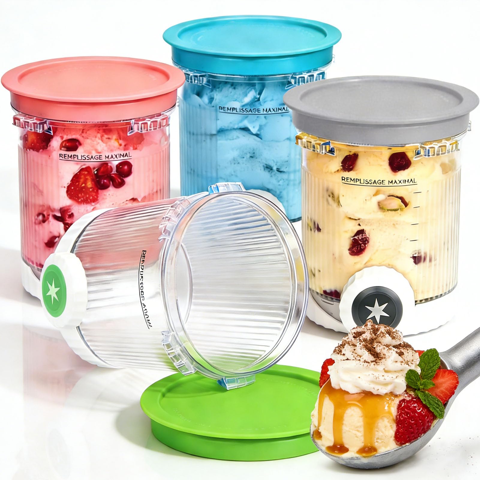 4 Pots à Glace Compatibles Ninja Creami NC700 NC701, 480 ml | Couvercles hermétiques anti-fuite, sans BPA et lave-vaisselle, idéal pour glace maison et préparation à l'avance