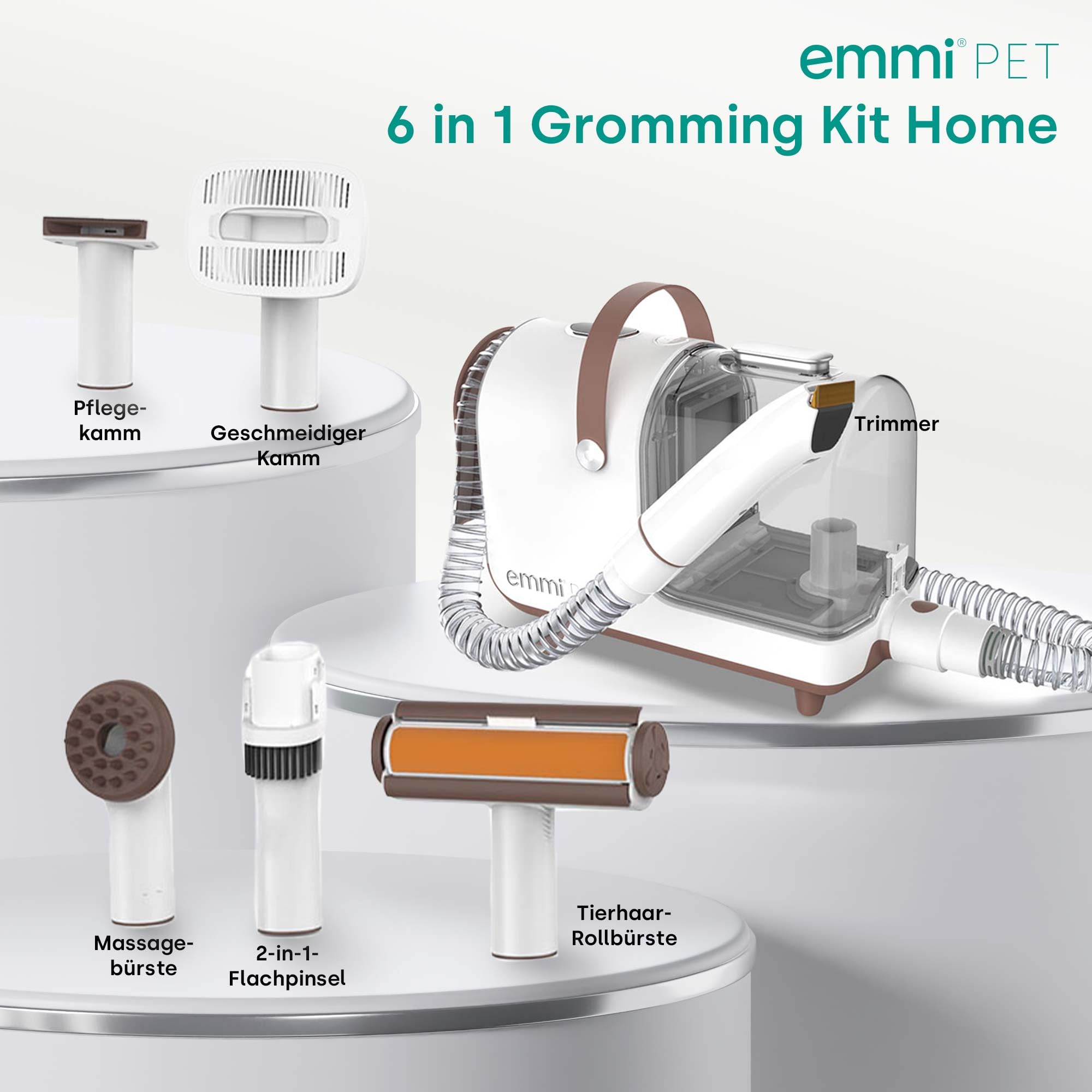 Emmi-pet Grooming Kit Home – 6in1 Hundeschermaschine mit Staubsauger | Trimmer, Kamm & Staubsauger | 6 Profi-Aufsätze | 3 Saugstufen | Haustierpflege für Hunde & Katzen | Leiser Motor | 2,5L Behälter