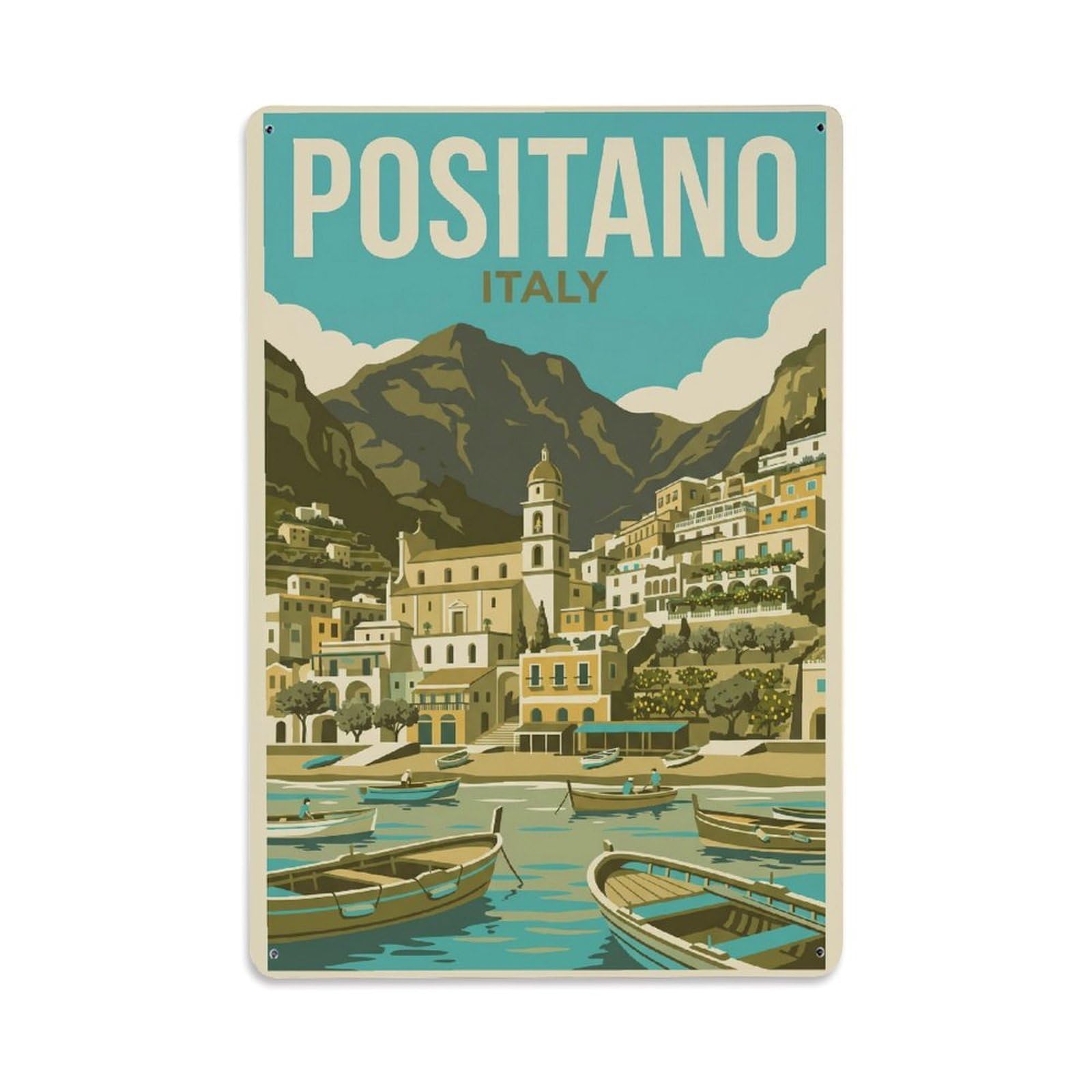 Vintage Travel Positano Italy Khaki Metal Tin Sign Plaque Wall Decor for Cafe, Club Bar, Office, Garden Metal Poster 8x12Inch