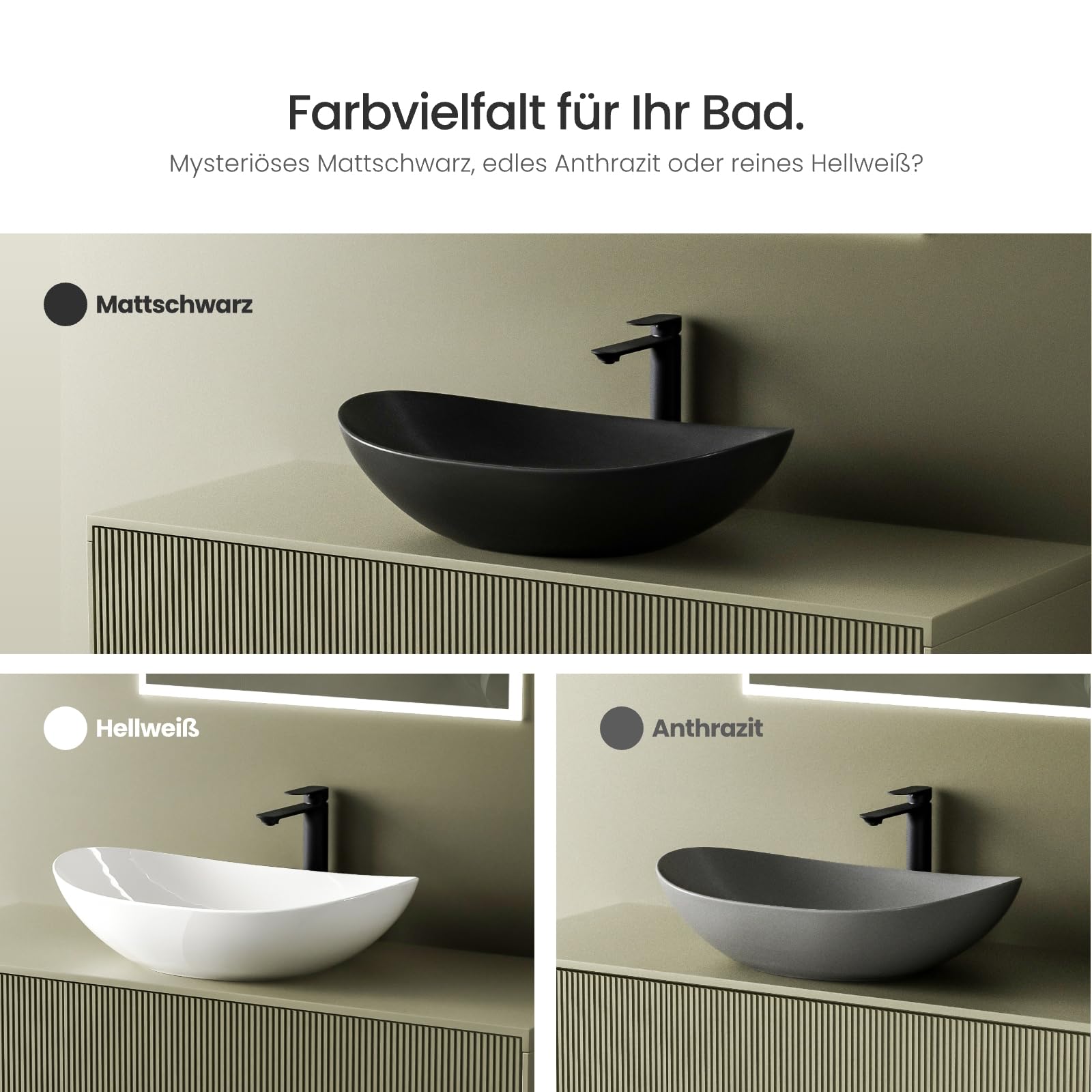 EMKE Aufsatzwaschbecken oval, Keramik Waschbecken Bad 61,9 x 36 x 15,7 cm, Waschtisch Schwarz Matt, Waschschale ohne Hahnloch, Handwaschbecken für Badezimmer und Hotel