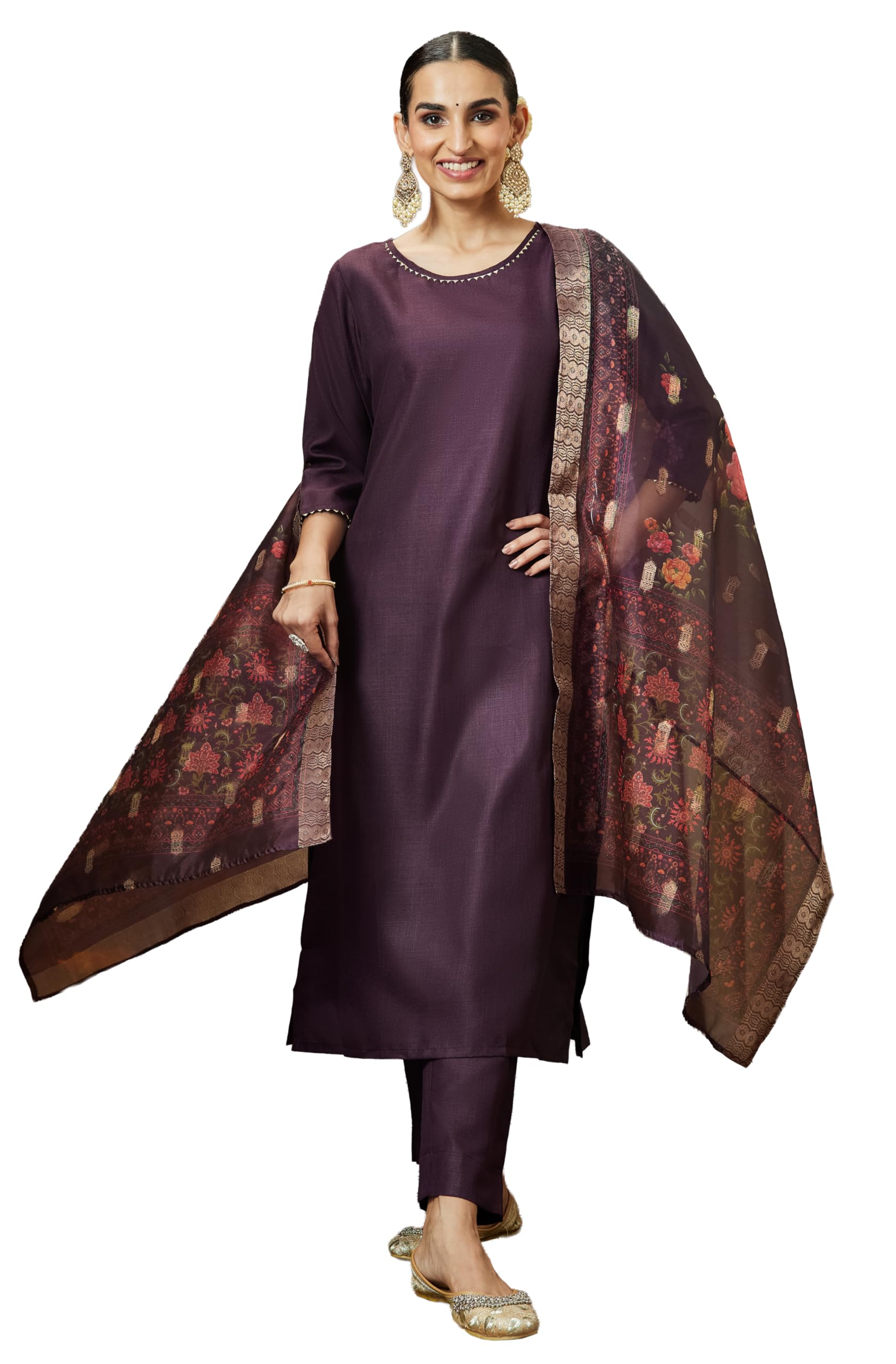 janasya Women's Wine Cotton Blend Solid Straight Kurta Set with Printed Dupatta-picture-12