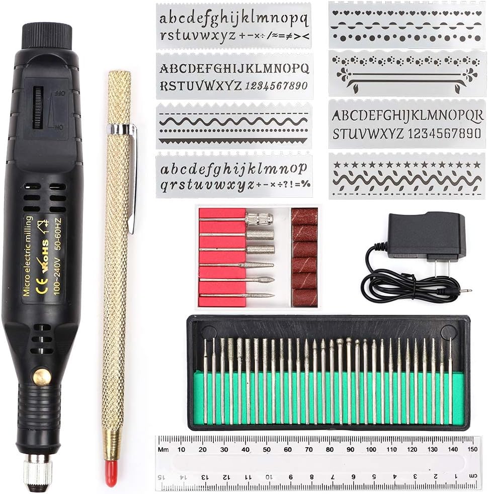 Electric Micro Engraver Pen, Mini DIY Engraving Tool Kit for Glass, Ceramic, Plastic, Wood, Jewelry with Scriber Etcher 30 Bits, 6 Polishing Head, 8 Stencils, Scriber Pen and Ruler