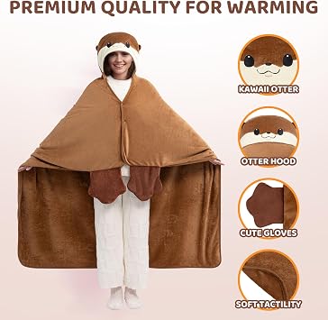 Mewaii Ultimate Softness Wearable Otter Blanket Hoodie Expertly Designed for American Body,Full Coverage with Easy Movement,Oversized Warm and Cozy Flannel Blanket, Otter Gift for Women and Men