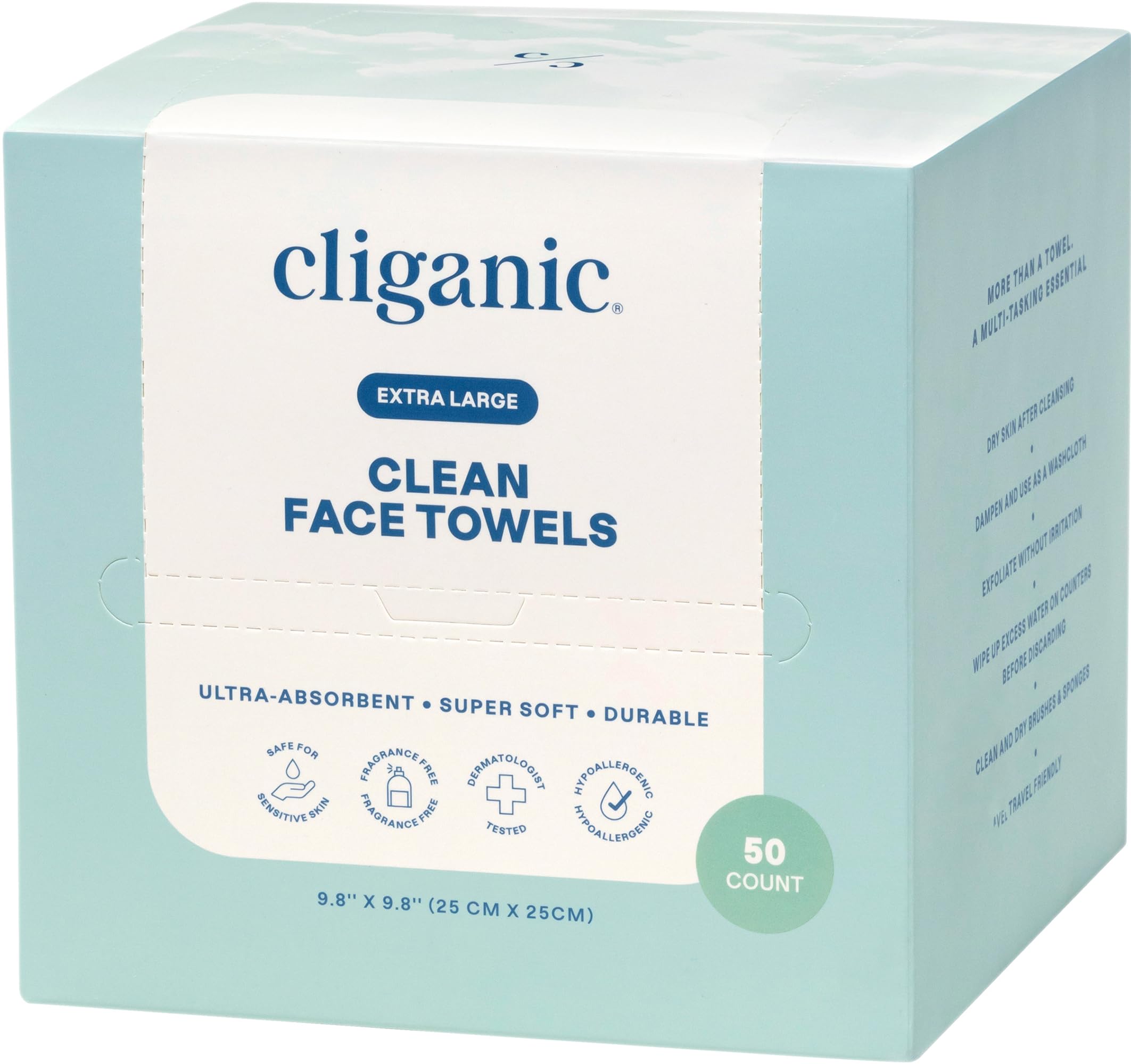 Cliganic Clean Face Towels XL, Disposable, Ultra-Absorbent, Hypoallergenic & Soft - Makeup Remover Dry Wipes, Pamper Your Face, Feel Fresh & Radiant, Hygienic Towelettes, for All Skin Types (50 Ct)