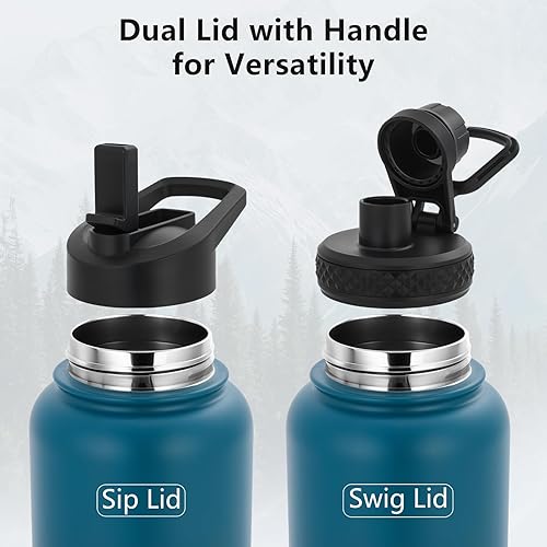 Miniatura 3 de Botella de agua aislada de acero inoxidable, tapa doble, botella grande, doble pared al vacío, botella deportiva de boca ancha (mantiene el frío 12