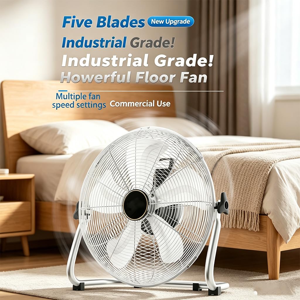 Ventilador Industrial Suelo con Estructura Metálica y 5 Aspas, Rotación de 130° para Talleres y Fábricas, Gran Flujo de Aire y Portabilidad (Negro,12 pulgadas)