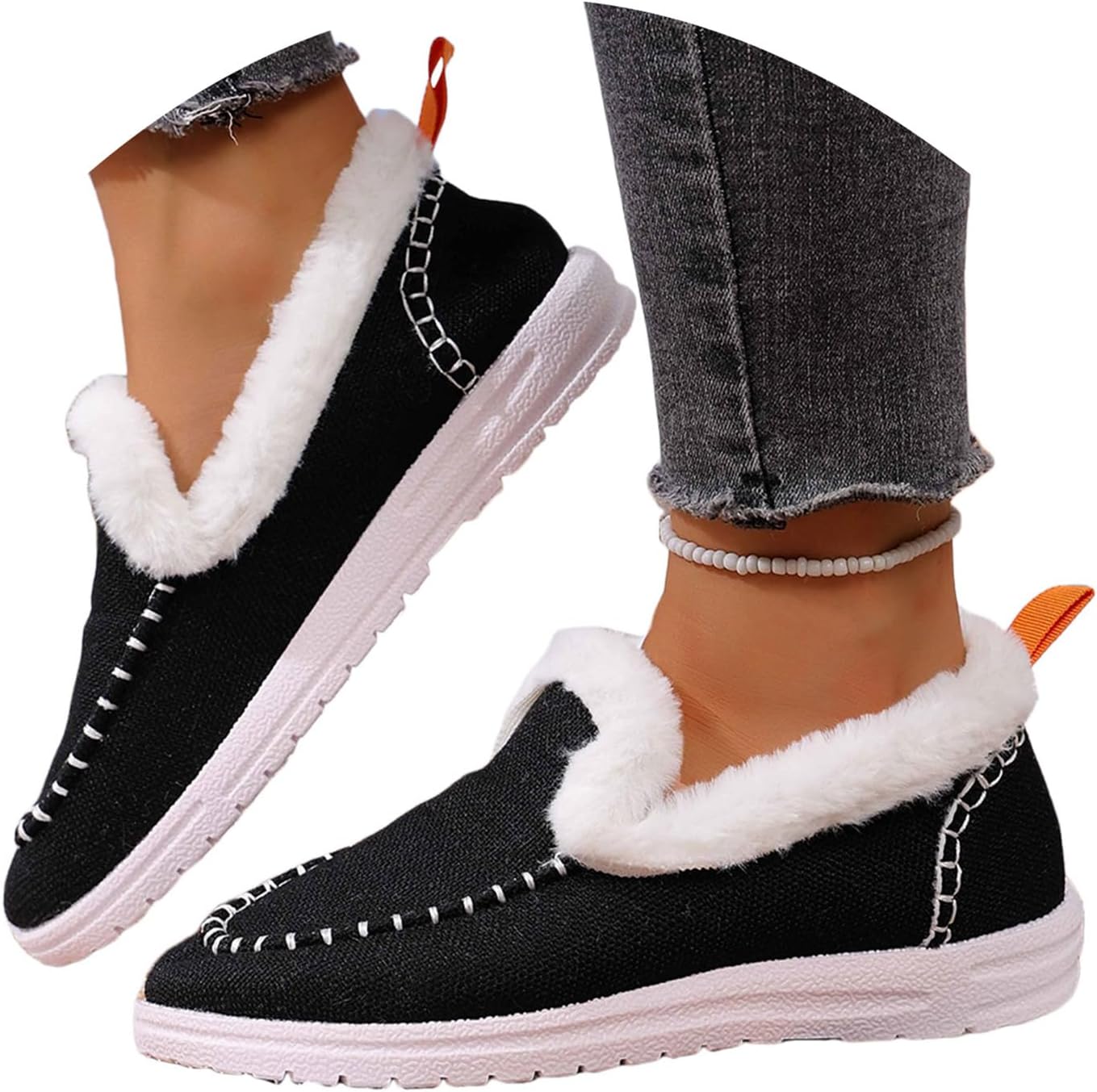 Womens Winter Flat Snow Boots Warm Plush-Lined Slip on Loafers Casual Outdoor Plush Short Booties Memory Foam Comfortable Walking Shoes Round Toe Non Slip Fleece Collar Ankle Boots