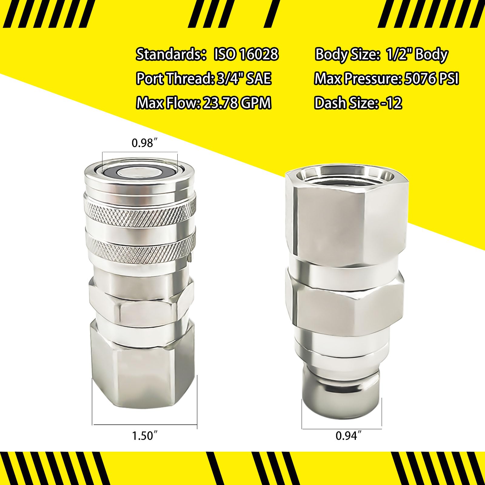 Juego de acopladores hidráulicos de conexión rápida de cara plana para minicargador, 4 accesorios de acoplamiento de acero al carbono resistentes con cuerpo de 1/2 pulgada, rosca SAE de 3/4 pulgadas y