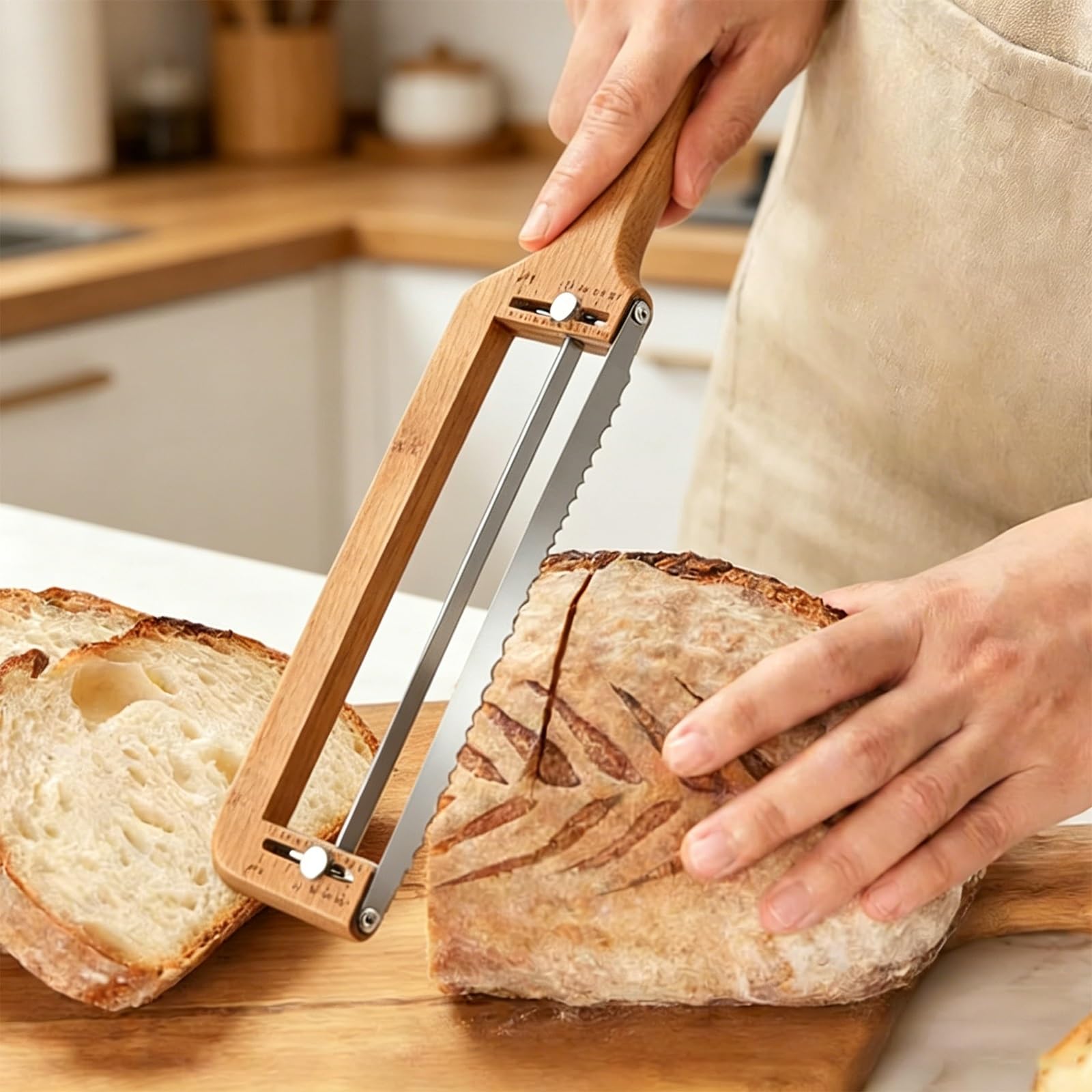 Cuchillo de pan ajustable, cortador manual con guía de grosor para pan casero, masa madre, bagels y baguettes – ideal para corte de precisión