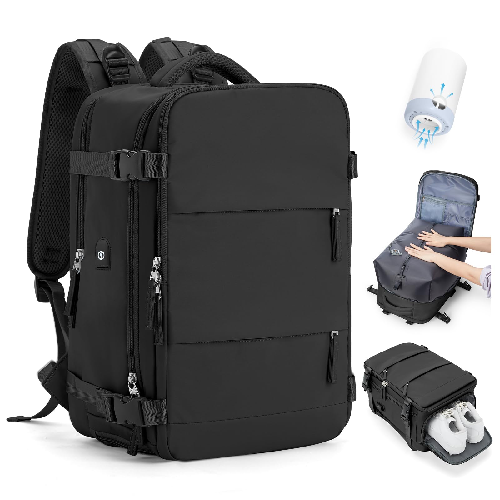 Zaino Sottovuoto da Viaggio con Pompa, Borsa da Cabina per Easyjet Bagaglio a Mano Impermeabile Lavoro e Scuola Trekking Casual Daypack per 15.6" laptop,M1-nero