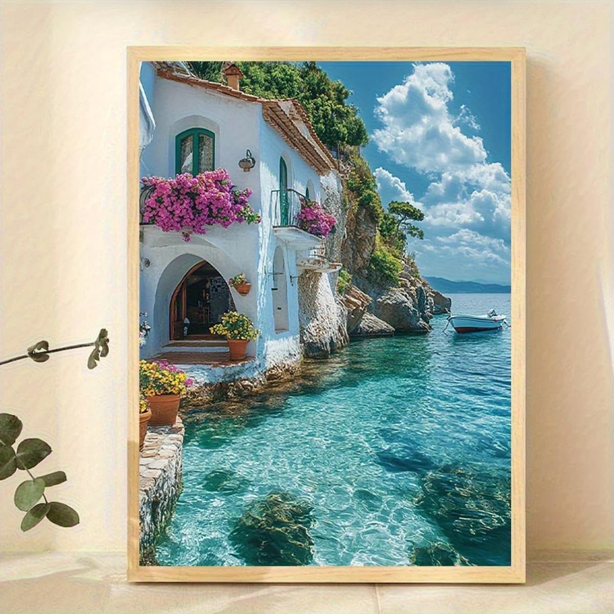 LTjiajuypd Canvas Wall Art Print Coastal Landscape, Turquoise Sea White Buildings Flowers(70x110cm/Frameless)