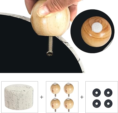 Miniatura 6 de Asense Juego de 2 reposapiés otomanos redondos tapizados de tela de lino con patas de madera maciza, color beige