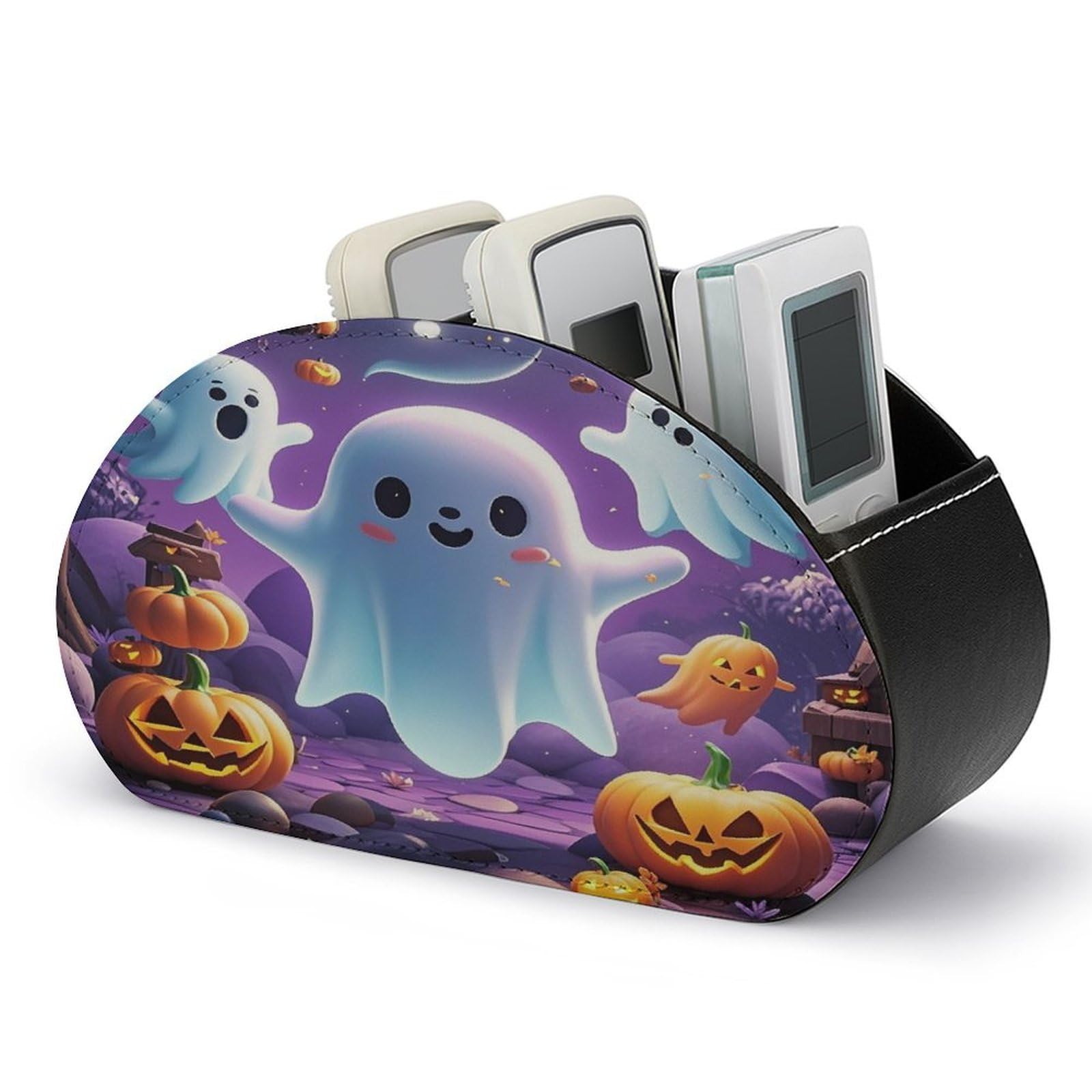 FekiLoot Ghost Pumpkin Remote Control Holder with 5 Compartments Multi-functional TV Remote Caddy Organizer Leather TV Remote Holder Desktop Organizer Store for Bedside Table Office Desk
