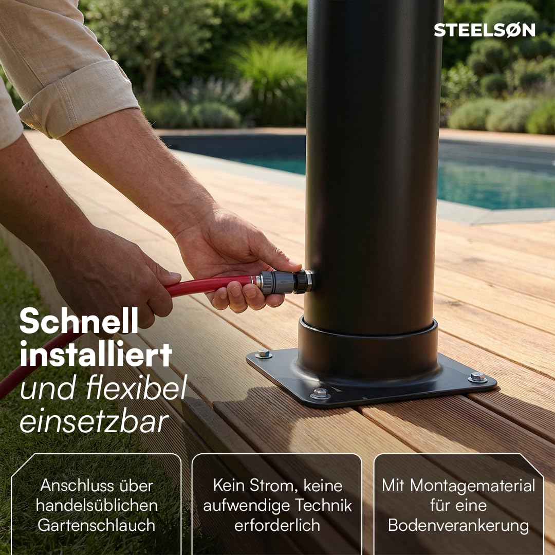 STEELSØN Velion Solardusche Garten 20 L – Solar Gartendusche Winterfest – Außendusche 60° schwarz – Pooldusche mit Fußdusche & Regenduschkopf – Campingdusche inkl. Gartenschlauch-Anschluss & Cover