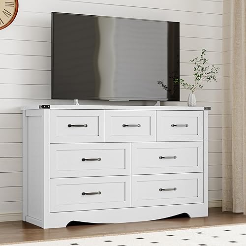 Miniatura 7 de Cómoda de 7 cajones para dormitorio, cómoda de madera moderna con asas de metal, diseño antivuelco, organizador de almacenamiento resistente y