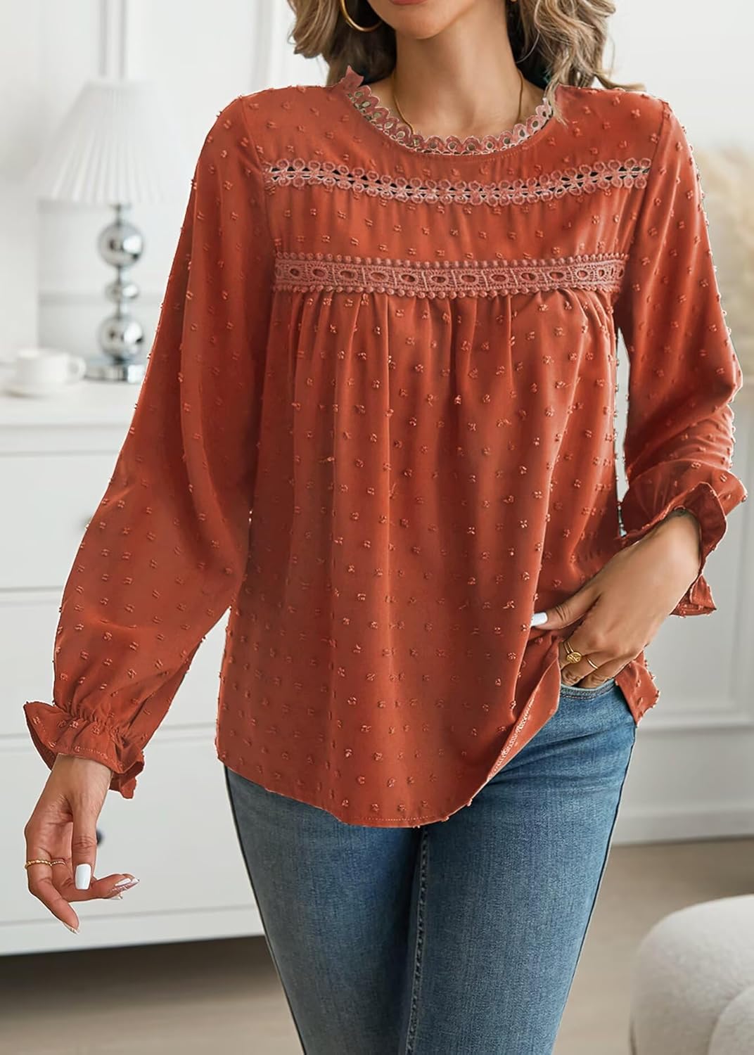 Womens Boho Tops Long Sleeve Shirts For Women Cute Crewneck Blouse Dressy Casual Swiss Dot Crochet Hollow Top 2026 - Image 2