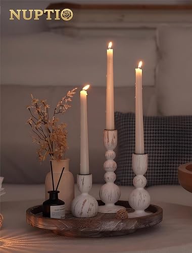 Miniatura 5 de NUPTIO Candelabros cónicos decorativos juego de 3 portavelas de madera, decoración de mantel - Boho Farmhouse Rustic White