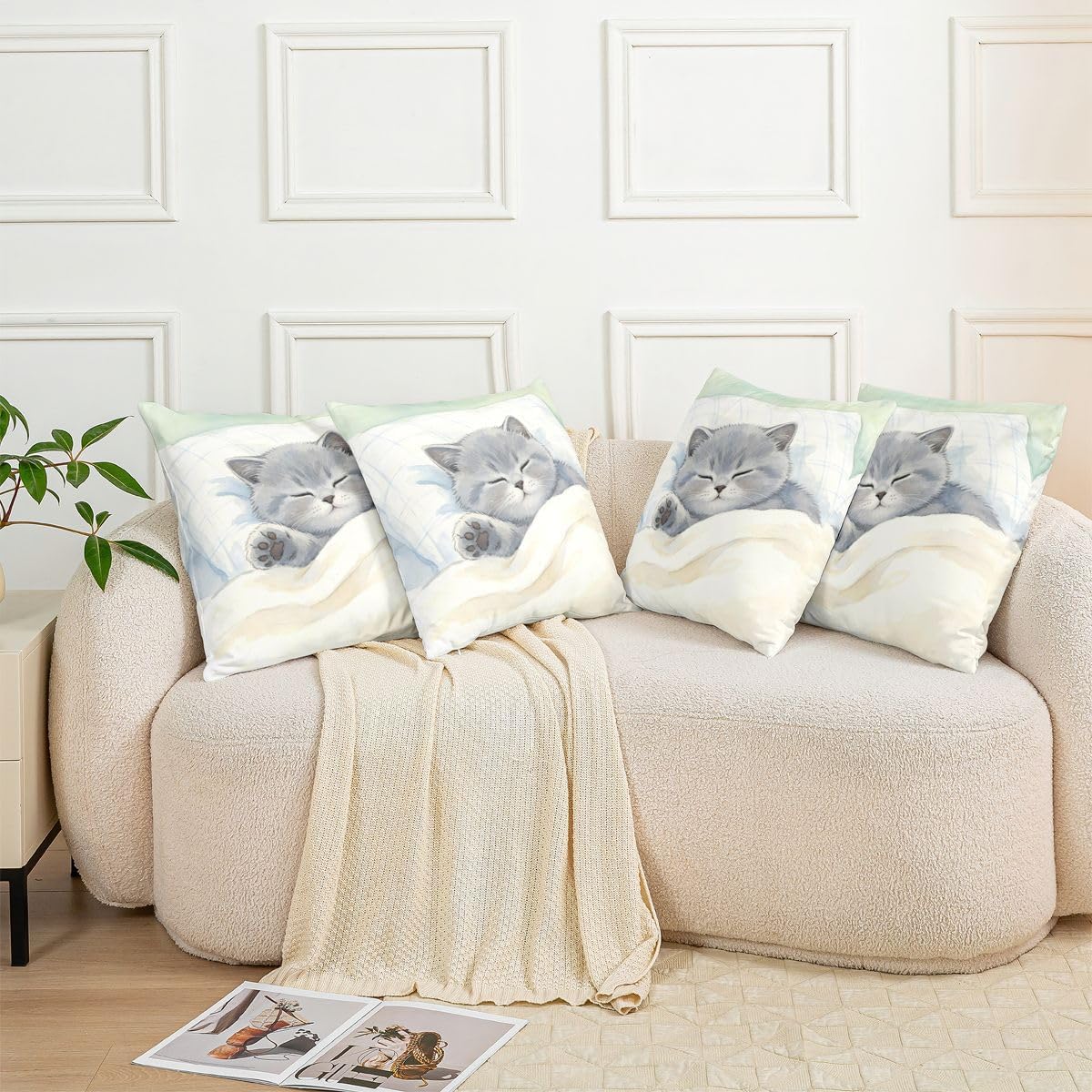 Castle Fairy Cute Kitten Kids Throw Pillow Cover,Hand Drawn Sleeping Cat Double Sides Pillow Case,Lovely Pet Lover Home Decor,Grey Blue Beige Bed Couch Sofa Cushion Cover,2 Pack 16"x16" image 5