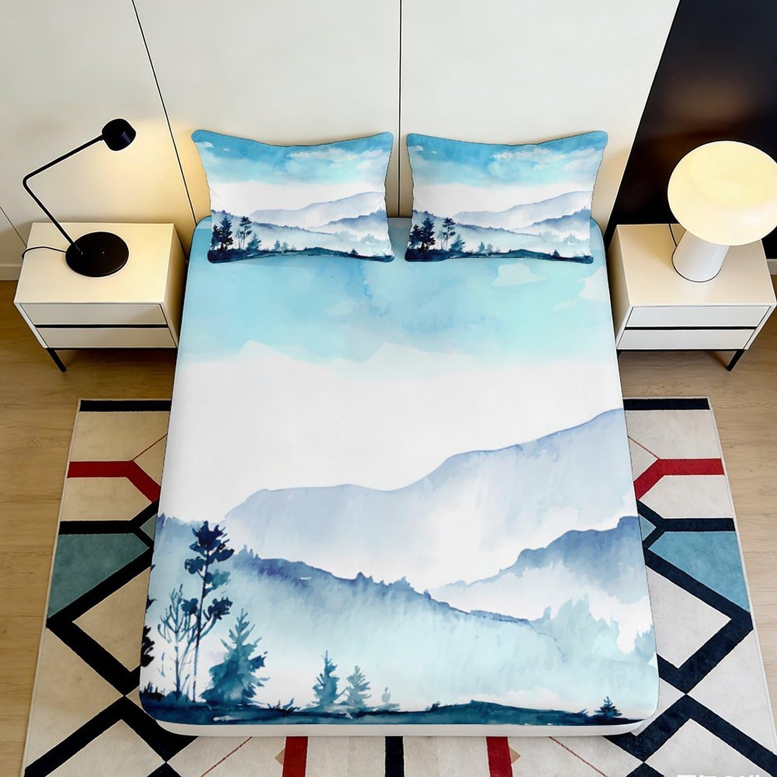 Jqzkxnhpbr Style-3 3D Printed Mountain Landscape Fitted Sheet Microfiber Soft Blue Forest Mattress Cover For Bedroom Guestroom Decor 90X200x25cm