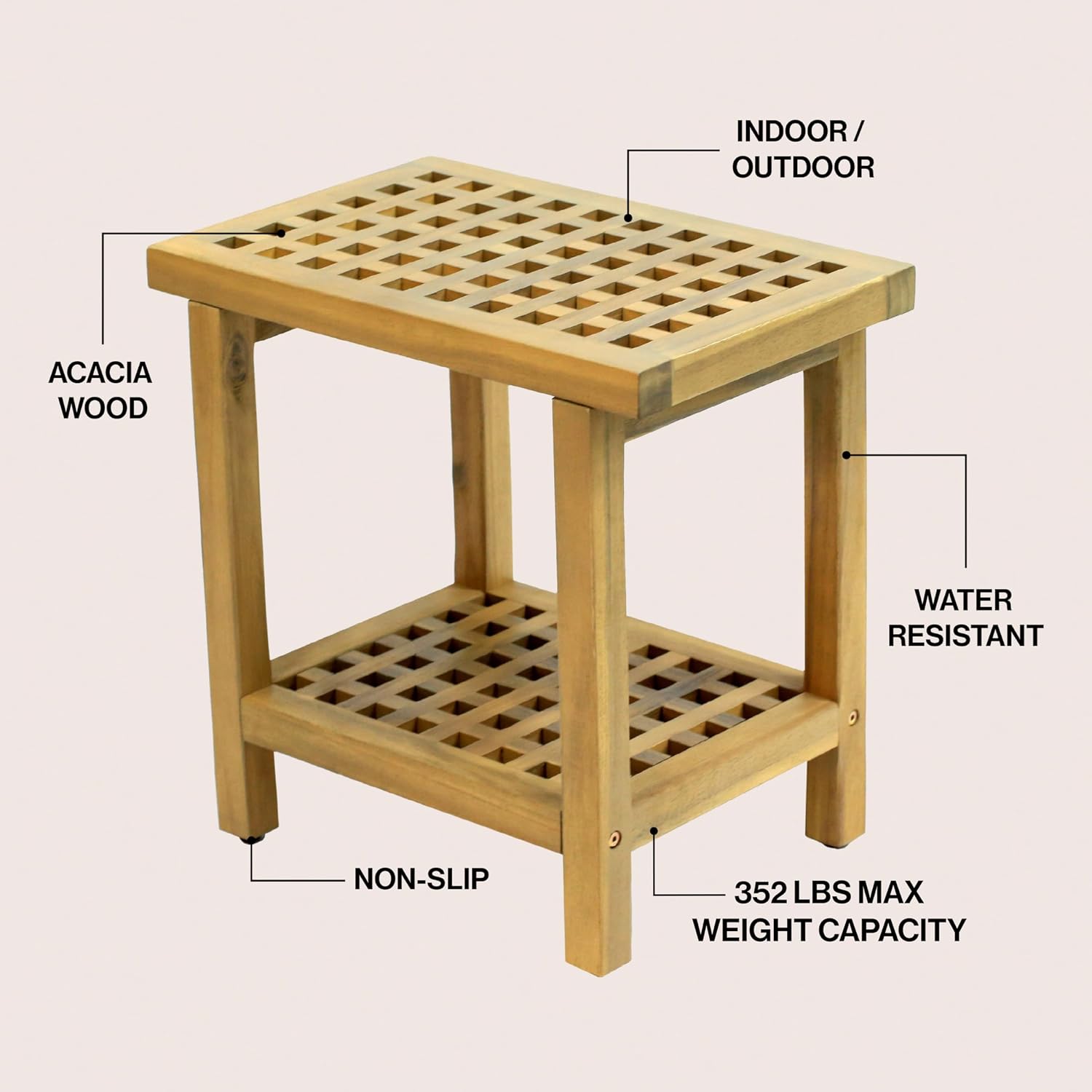 JONATHAN Y Armin 18" Modern Light Teak Finish Acacia Wood Shower Stool with Storage Shelf, Waterproof Spa Bath Bench for Inside Shower to Sit on, Shaving Legs, Heavy Duty 350 lbs Capacity STL1003T