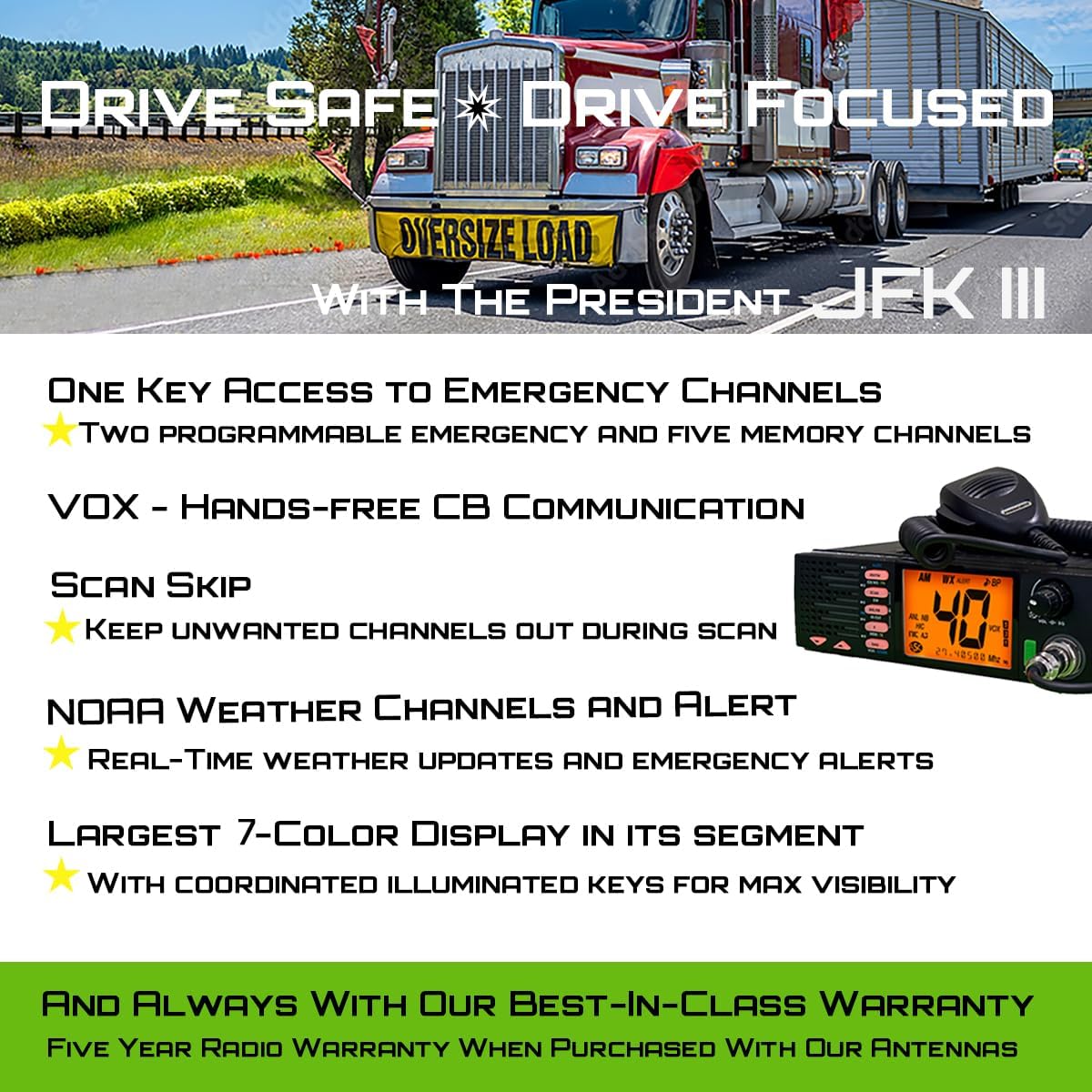 President JFK III FCC AM/FM Trucker CB Radio- OEM Truck Size with Front-Firing Flashing RX/TX Speaker, 7-Color Display, NOAA Weather Channel, USB Port, ASC, Noise Filter, Scan Skip