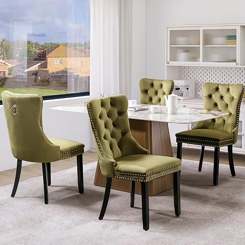 Miniatura 72 de Juego de 6 sillas de comedor de terciopelo, sillas de comedor tapizadas acolchadas con ribete de tachuelas y patas de madera maciza para cocina,