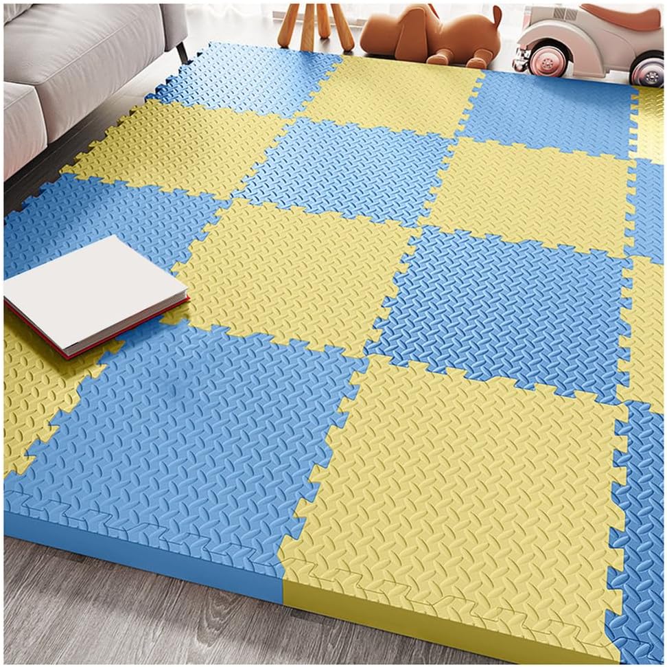 36Pcs Interlocking Foam Puzzle Floor Mat 1/2″ Thick, 12″x12″ Anti-Slip, Waterproof Exercise Tiles for Home Gym, Kids Playroom, Easy Installation, Blue & Yellow
