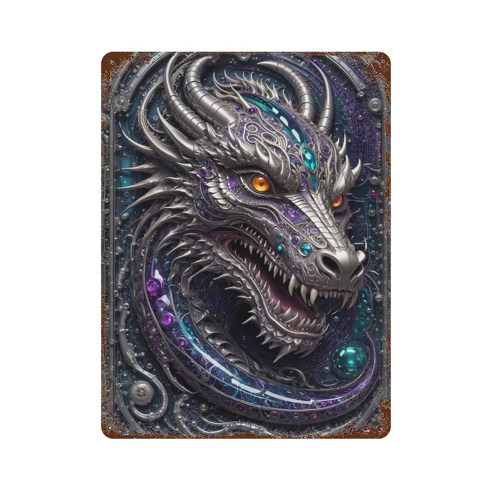 Dragon Guardian Art Deco Rust Effect Tin Sign 15.7"x11.8", Retro Wall Decor for Pub, Kitchen And Man Cave Decor