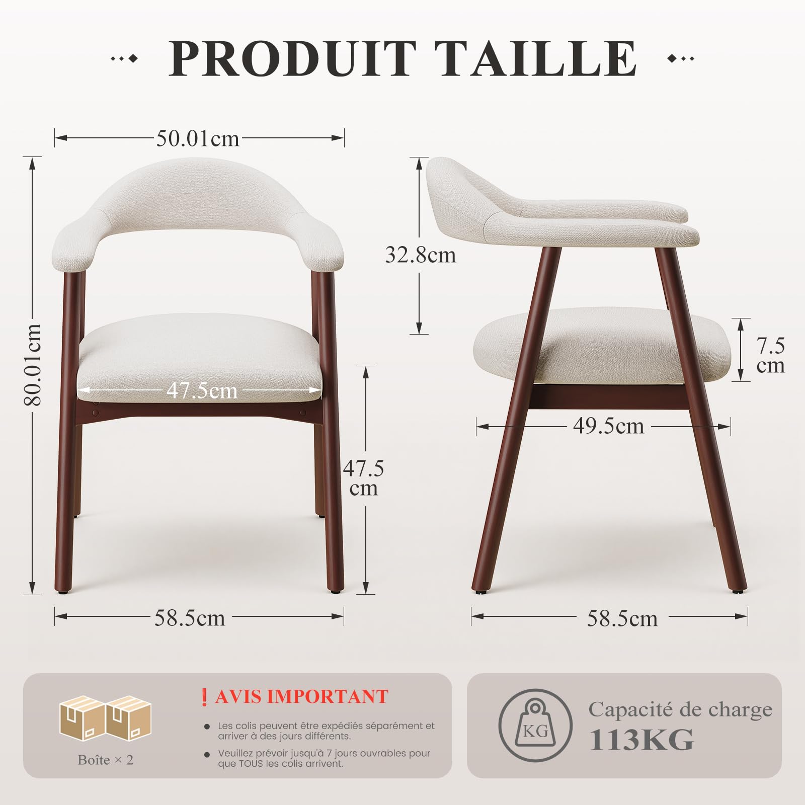 MALOL Lot de 4 chaises de Salle à Manger avec accoudoirs, Chaise rembourrée en Tissu Dossier incurvé et Pieds en Bois, Style Moderne des années 50 pour Cuisine et Salle à Manger, Beige