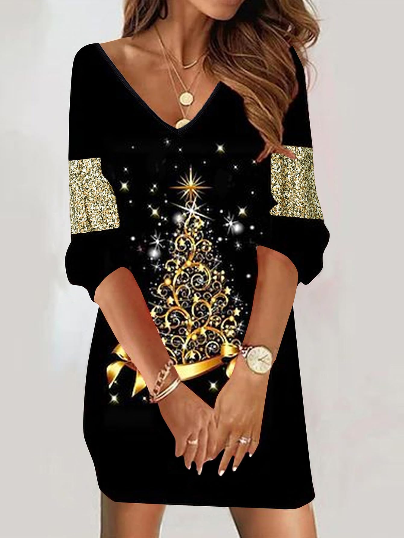 Women's Christmas Dress Costume Christmas Tree V Neck Long-Sleeve Pullover Dresses