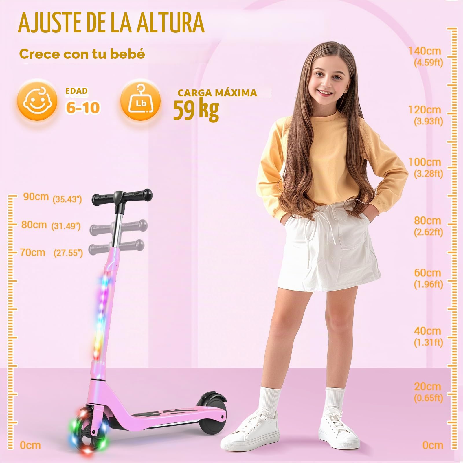SISIGAD - Patinete eléctrico Infantil de 6 a 8 a 10 años, eléctrico para niños, 5,3 Pulgadas, con luz LED Colorida y 3 Alturas Ajustables, Scooter eléctrico para niños, Carga máxima 70 kg, Velocidad