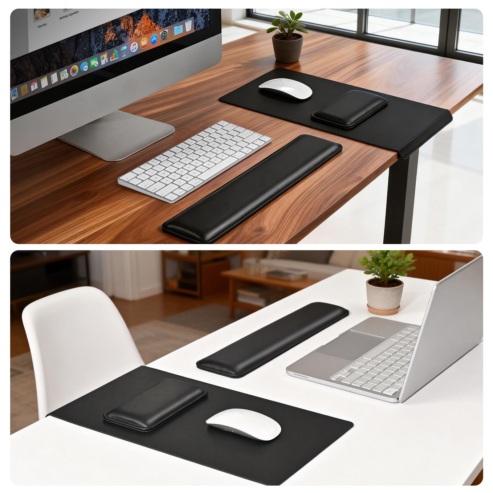 EooCoo Alfombrilla Ratón, Alfombrilla Escritorio, Reposamuñecas Teclado | Comodidad Ergonómica para Muñeca, Superficie Lisa de Cuero Premium, Set Completo de 3 Piezas, Ideal para Regalar