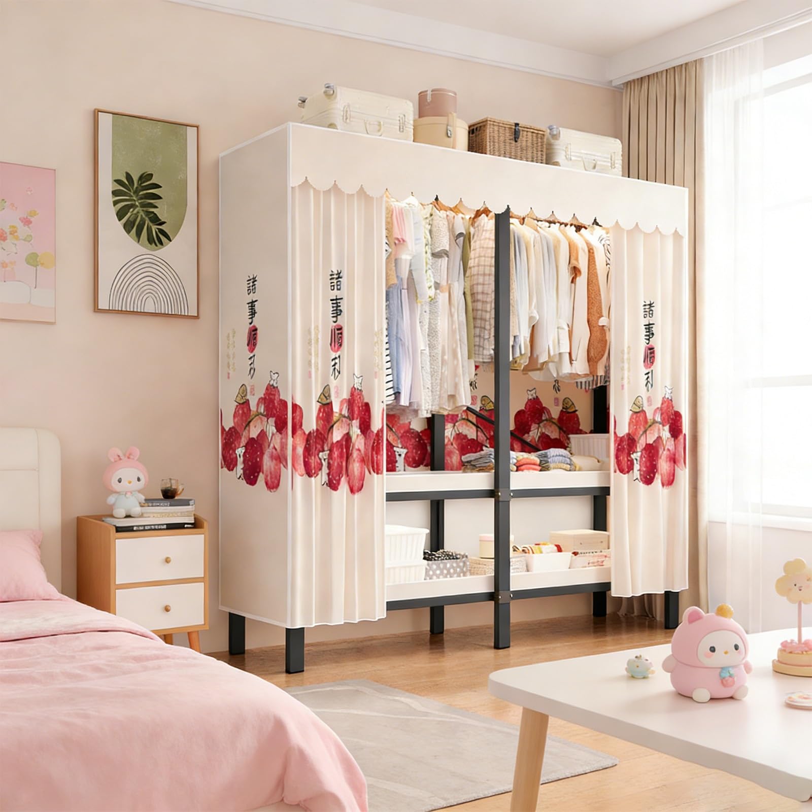 Einfach Stoffschrank Klappbarer,Große Kleiderschrank Faltbarer,Metall Kleiderschrank Mit Kleiderstange Stoff Offener Für Schlafzimmer,Geschlossener Faltschrank Für Zuhause(215cm/84.6in)