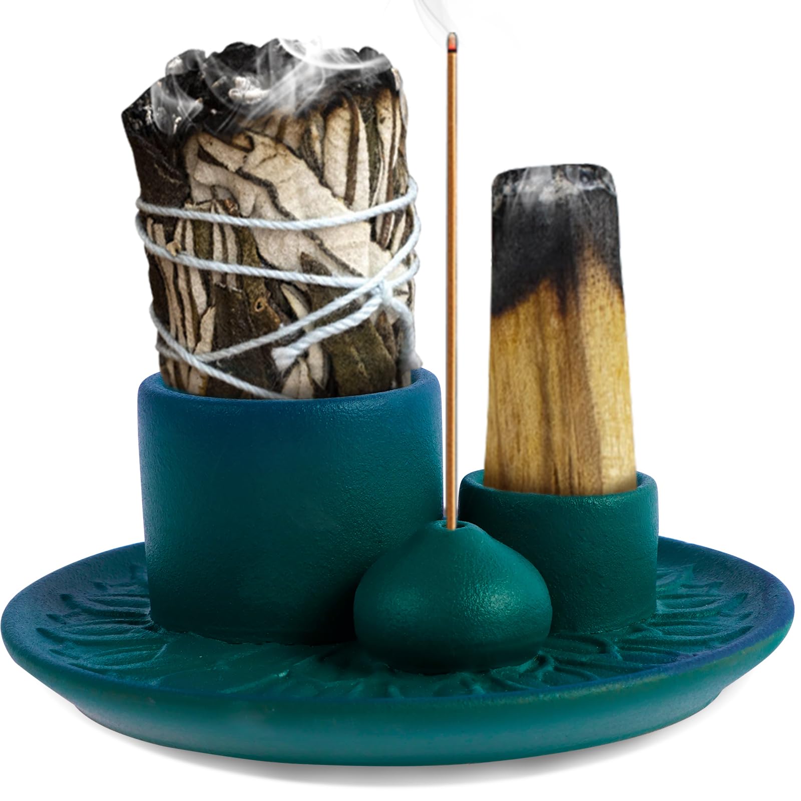Porta salvia porta sbavature bruciatore in ceramica porta incenso ciotola per bruciare salvia bianca bastoncini di palo santo incenso facile da pulire 3 in 1 porta incenso ciotola (Mentre E Oro