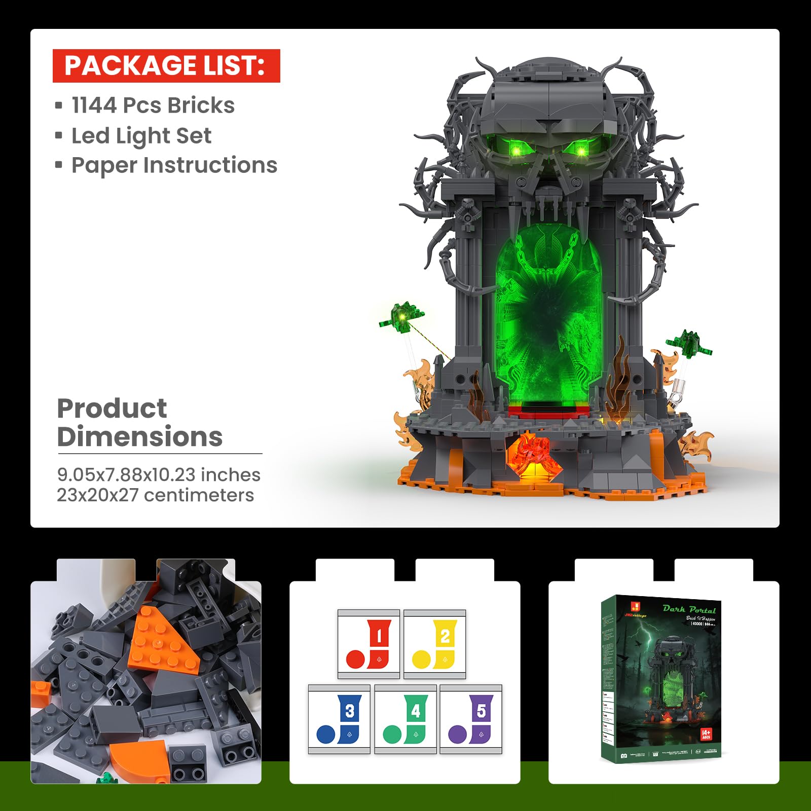 JMBricklayer Dunkles Portal Klemmbausteine Erwachsene, Gothic Totenkopf Tor Modellbau mit Licht, 40006 Fantasy Sammler Ausstellungsset Halloween Bausteine Geschenke für Spieler Männer ab 14 Jahren