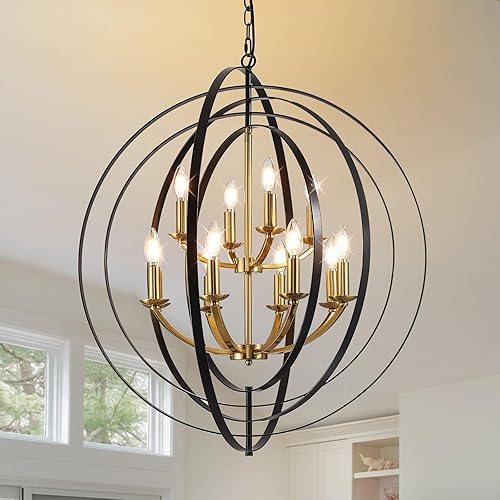 WJShome Lámpara de araña negra y dorada de 31.5 pulgadas, lámpara moderna de 12 luces para entrada, lámparas colgantes redondas, candelabros grandes