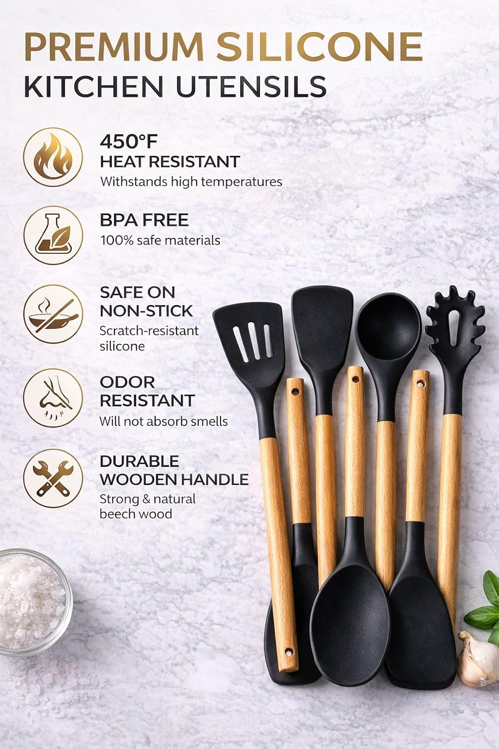 Silicone Kitchen Utensil Set, 7-Piece Heat Resistant Cooking Tools with Spray-Coated Wooden Handles, BPA Free, Non-Stick Safe
