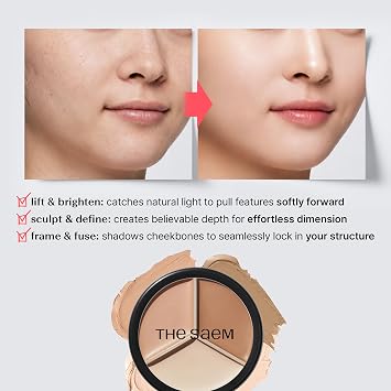 THESAEM Cover Perfection Triple Pot Concealer - 02 Contour Beige for 3D Facial Contouring - 3-Color Multi Concealer Palette with Shading & Highlighting - Korean Makeup with Sweet Almond Oil